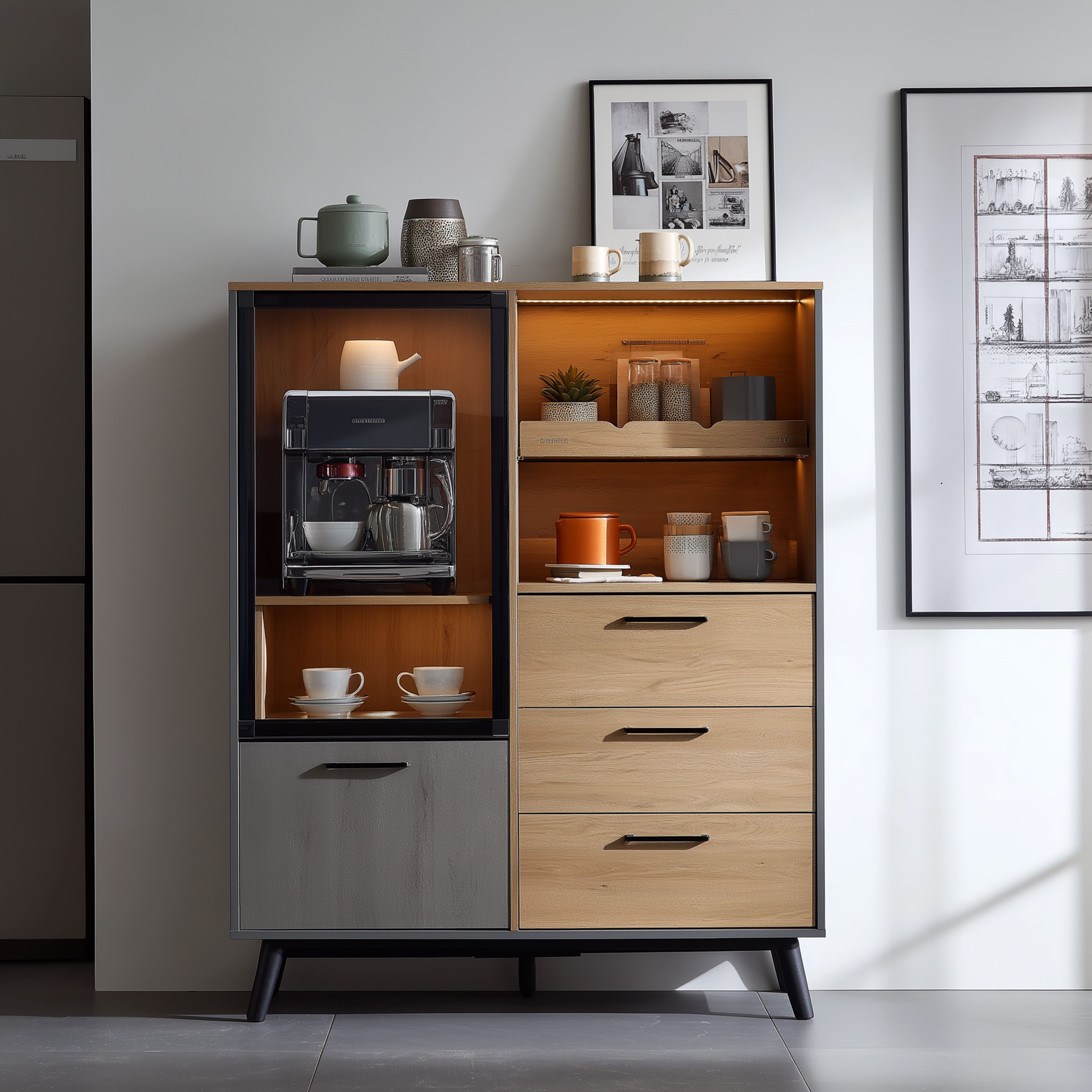 Modern Wood Tone Crockery Unit Design with Appliance Bay and LED Display