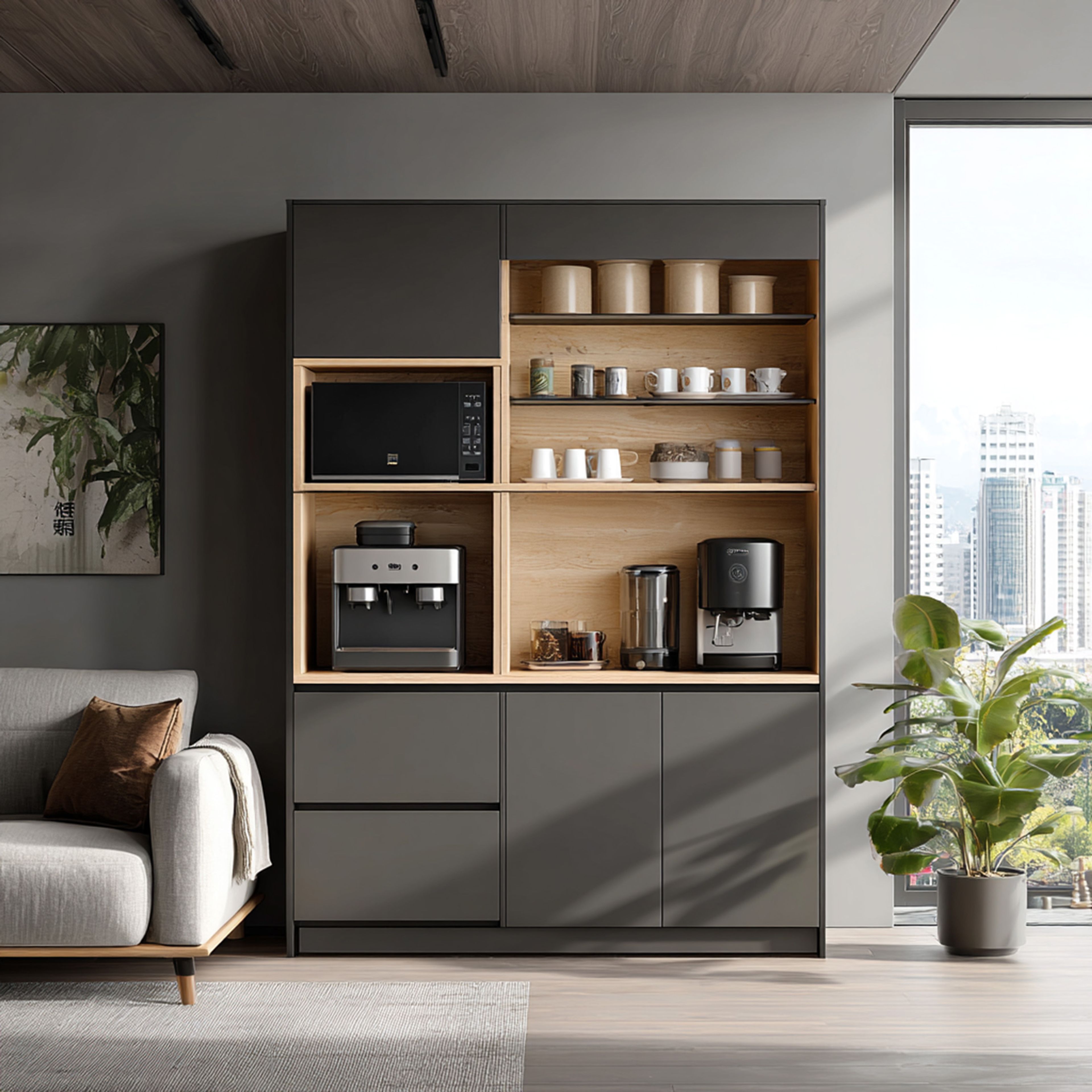 Contemporary Crockery Unit Design in Grey and Oak Finish