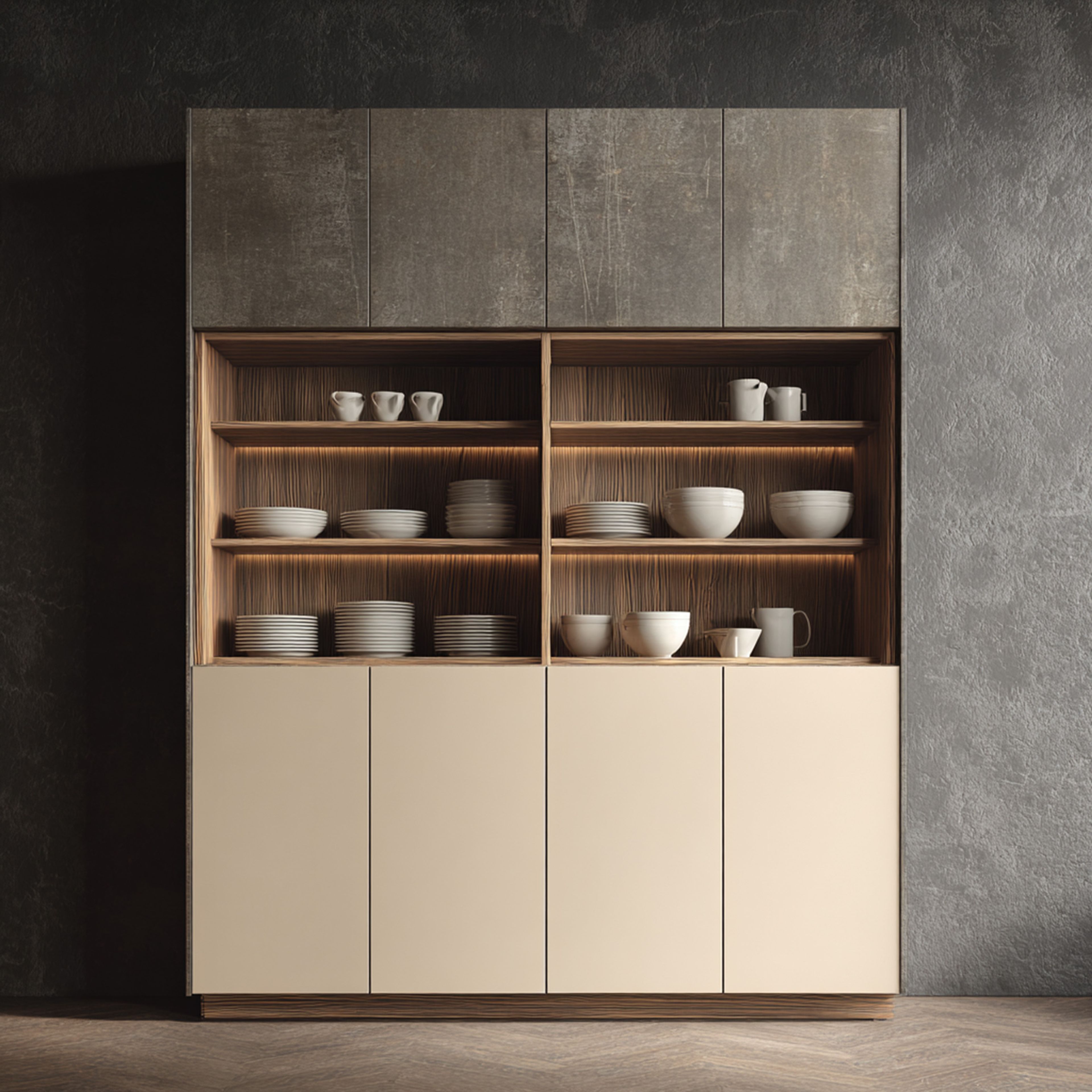 Ivory and Grey Classic Crockery Unit Design with Shelves and Closed Storage