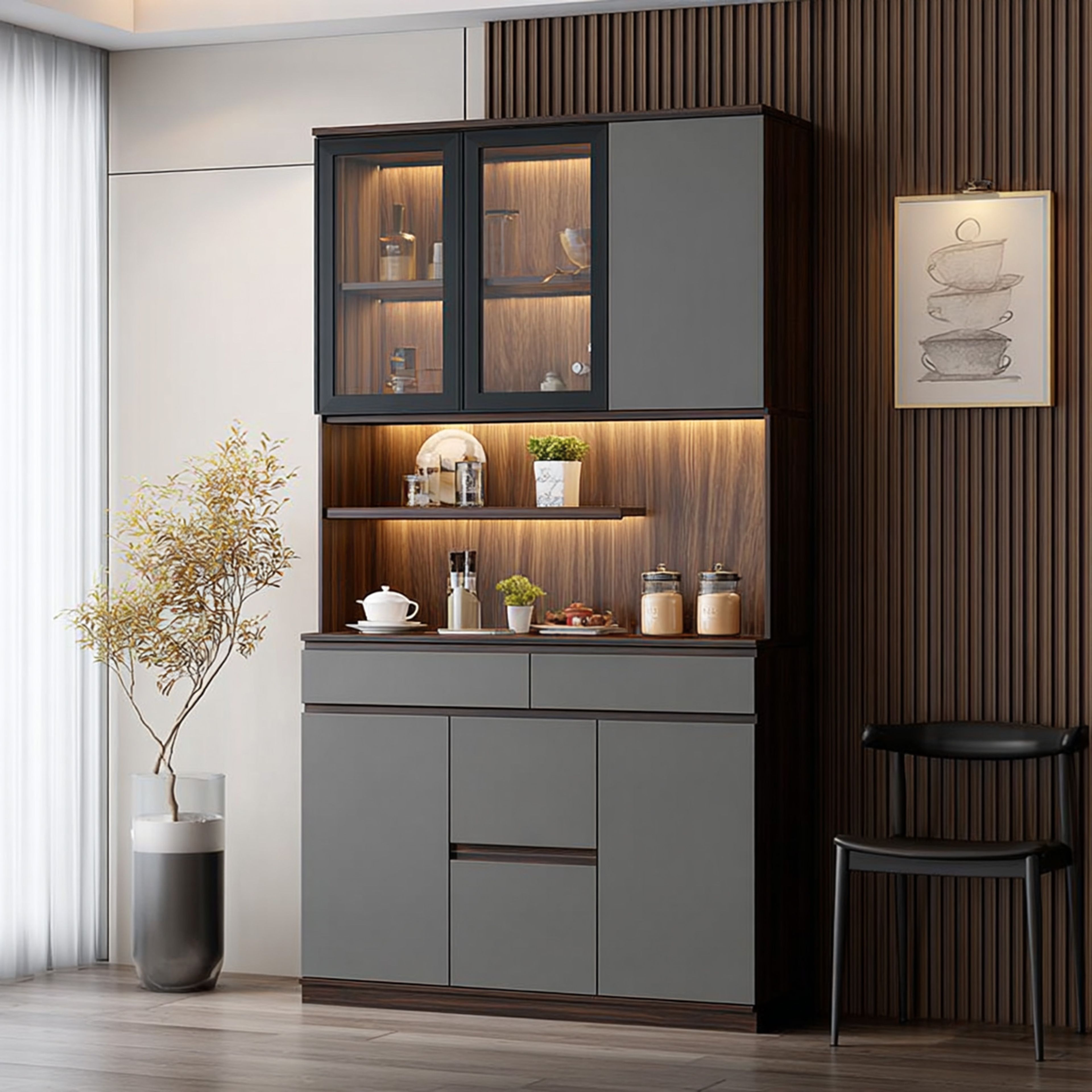 Modern Slate Grey Crockery Unit Design with Glass Display Storage