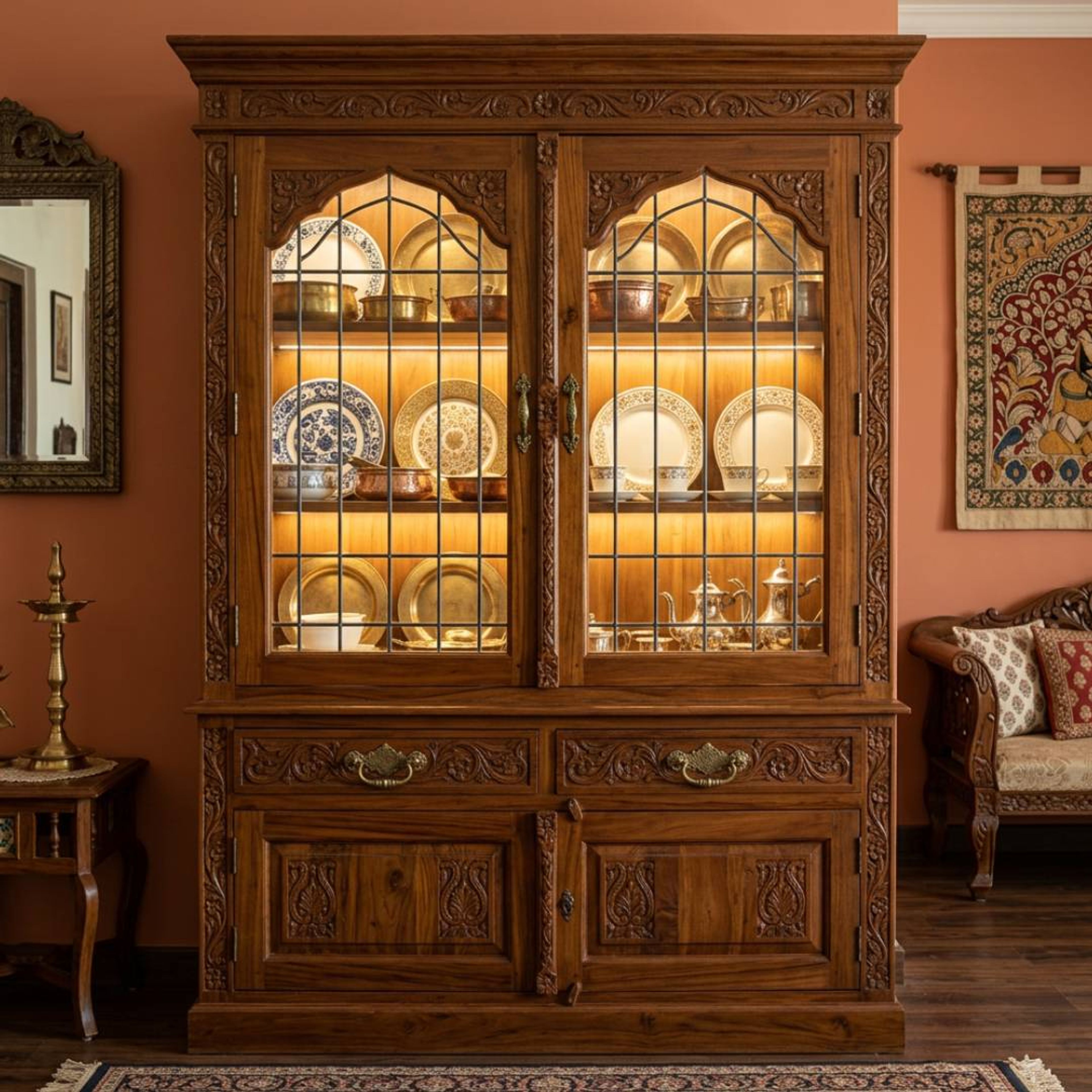 Brown Contemporary Crockery Unit Design with Glass Display Cabinets