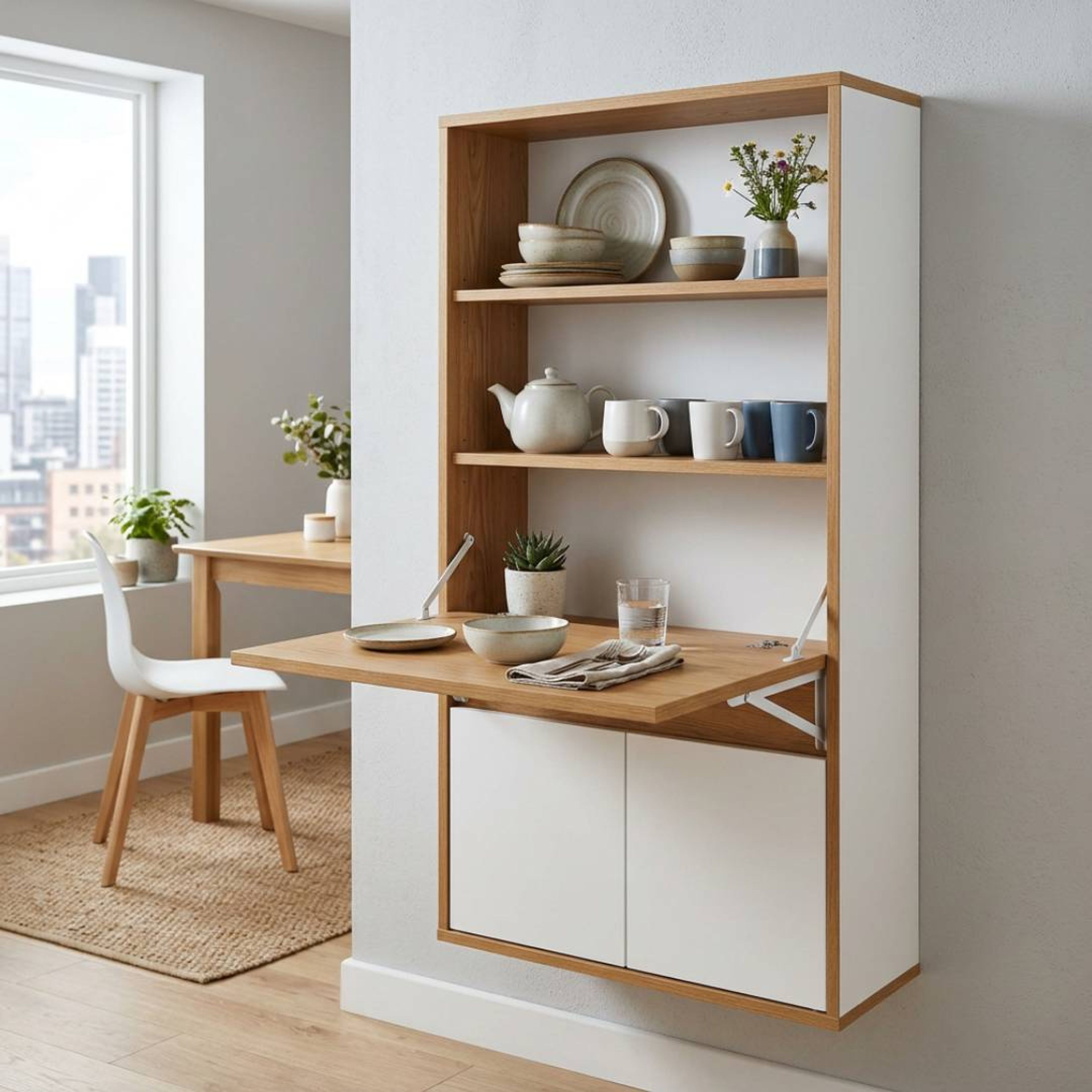 White and Walnut Modern Crockery Unit Design with Open Shelving Storage