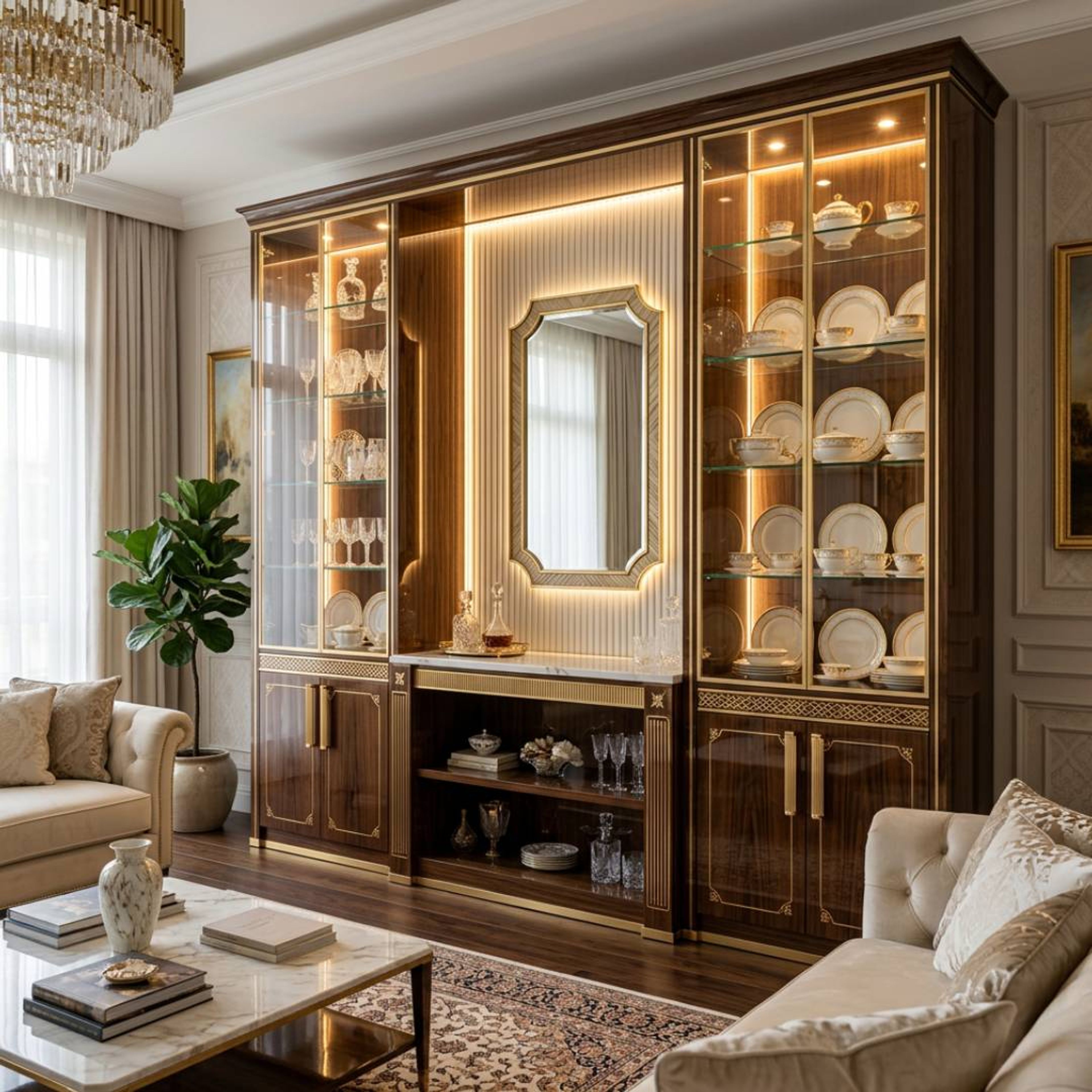 Classic Brown Crockery Unit Design with Glass Display Storage