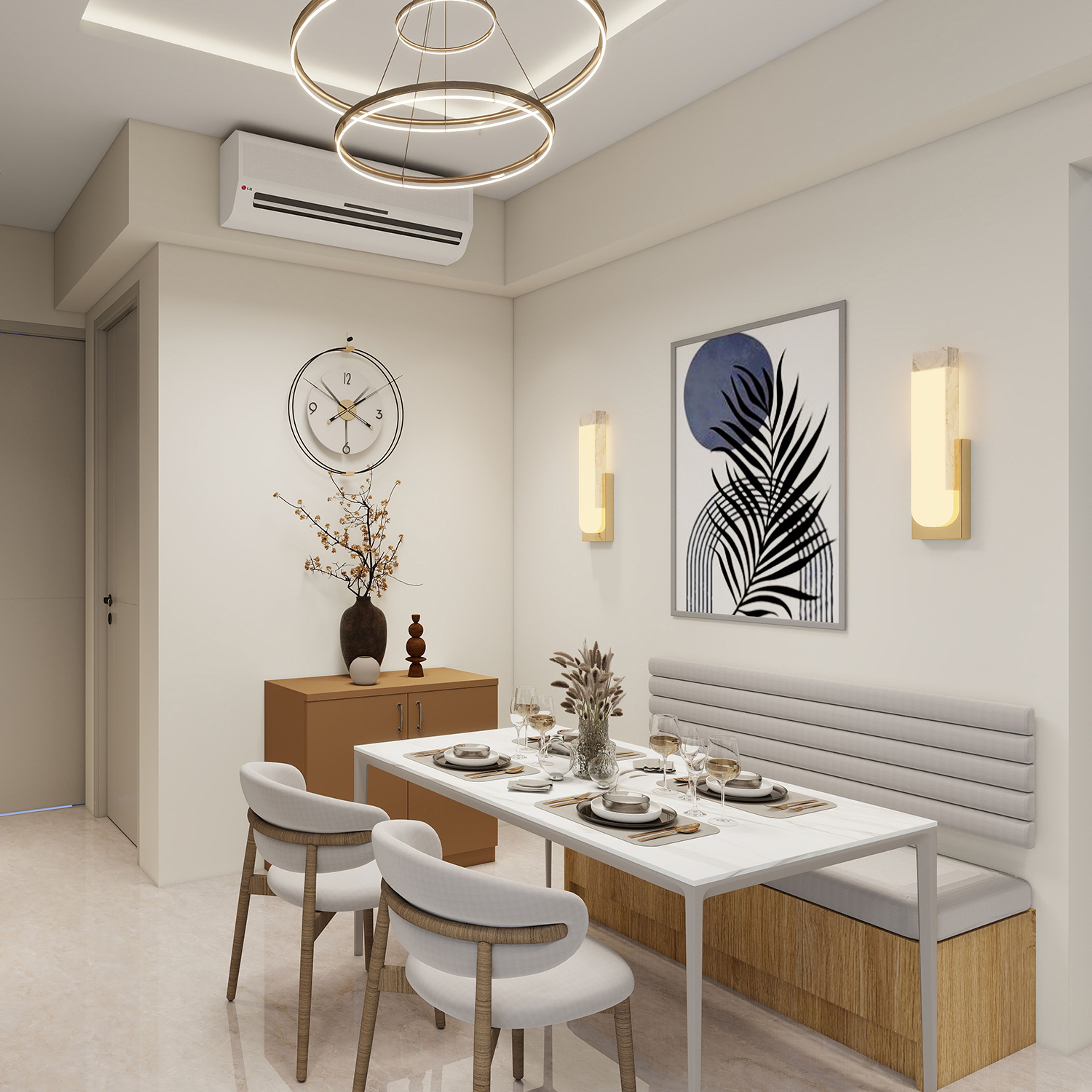 Scandinavian Dining Room Design with Marble Table and Bench