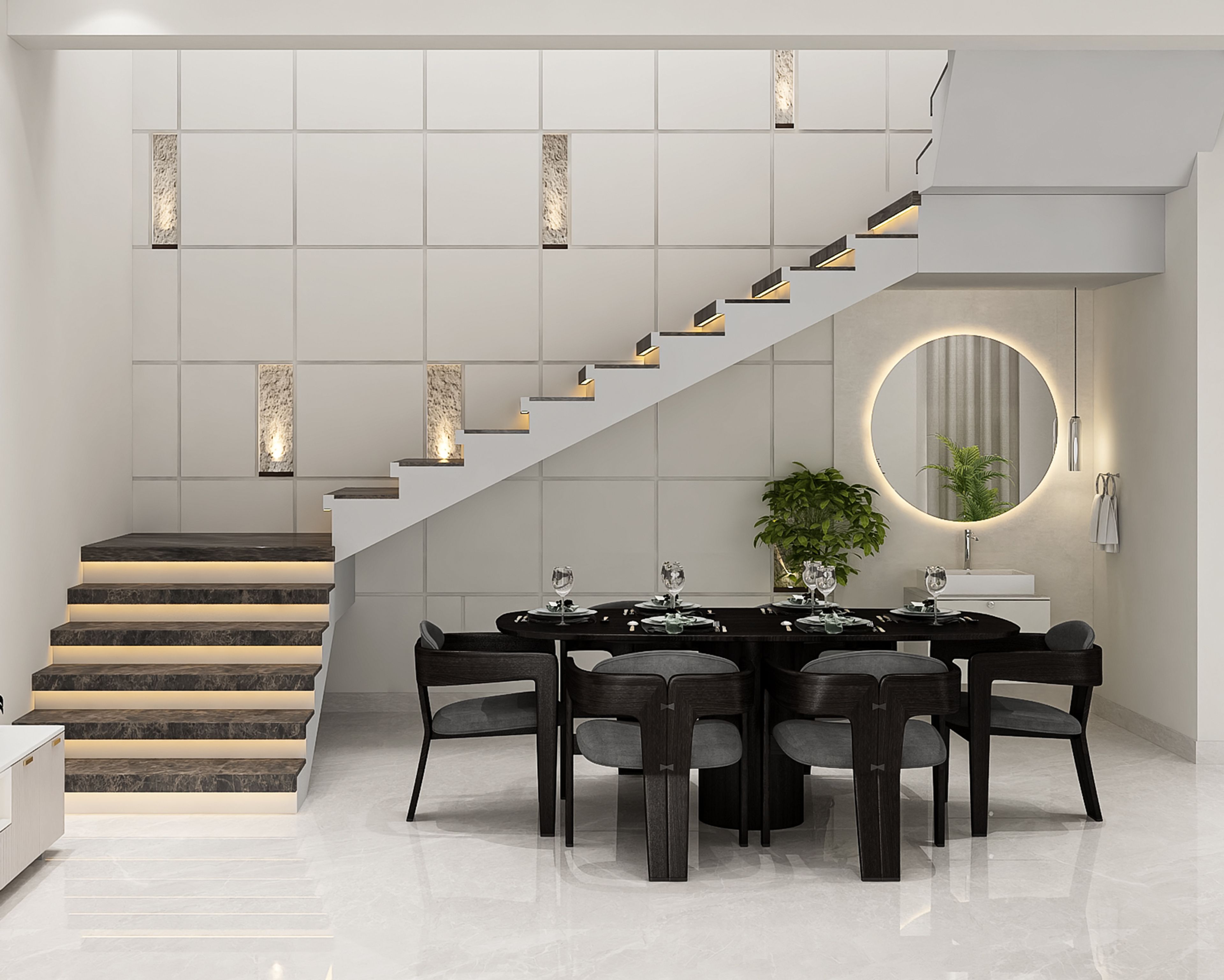 Contemporary Dining Room Design with Glossy Black Round Table