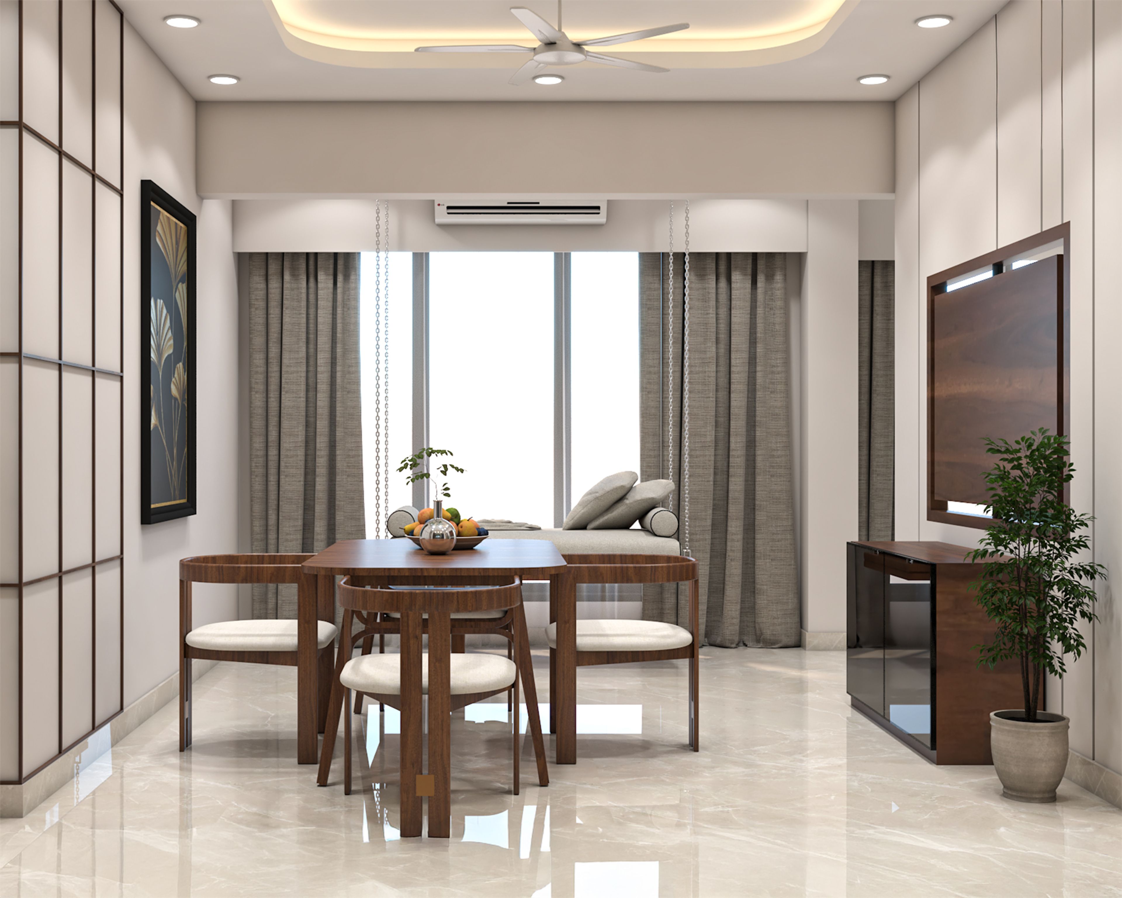 Contemporary Dining Room Design with Wood Table and Grey Swing