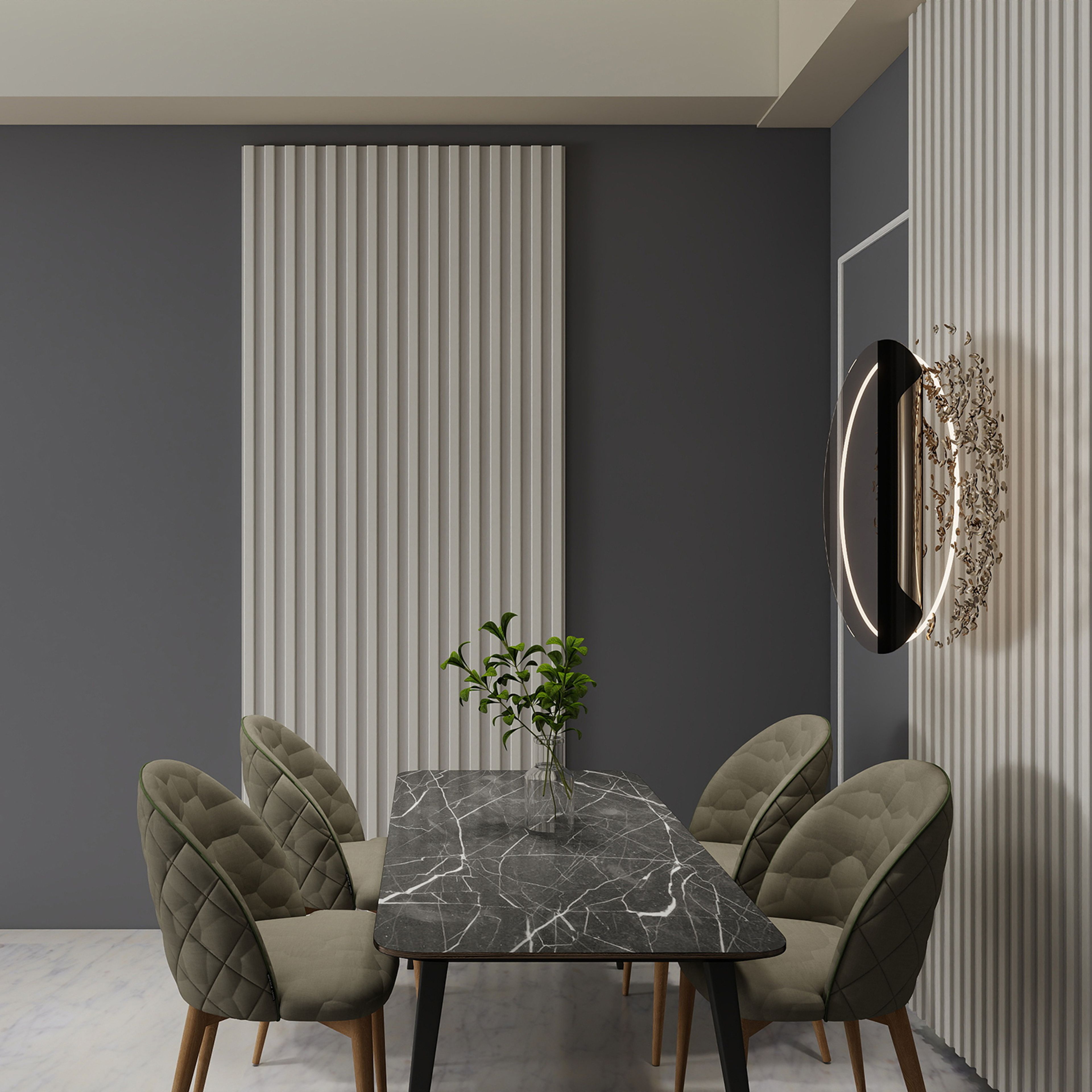 Contemporary Wall Paint Design with Grey Panels and Fluted Wall