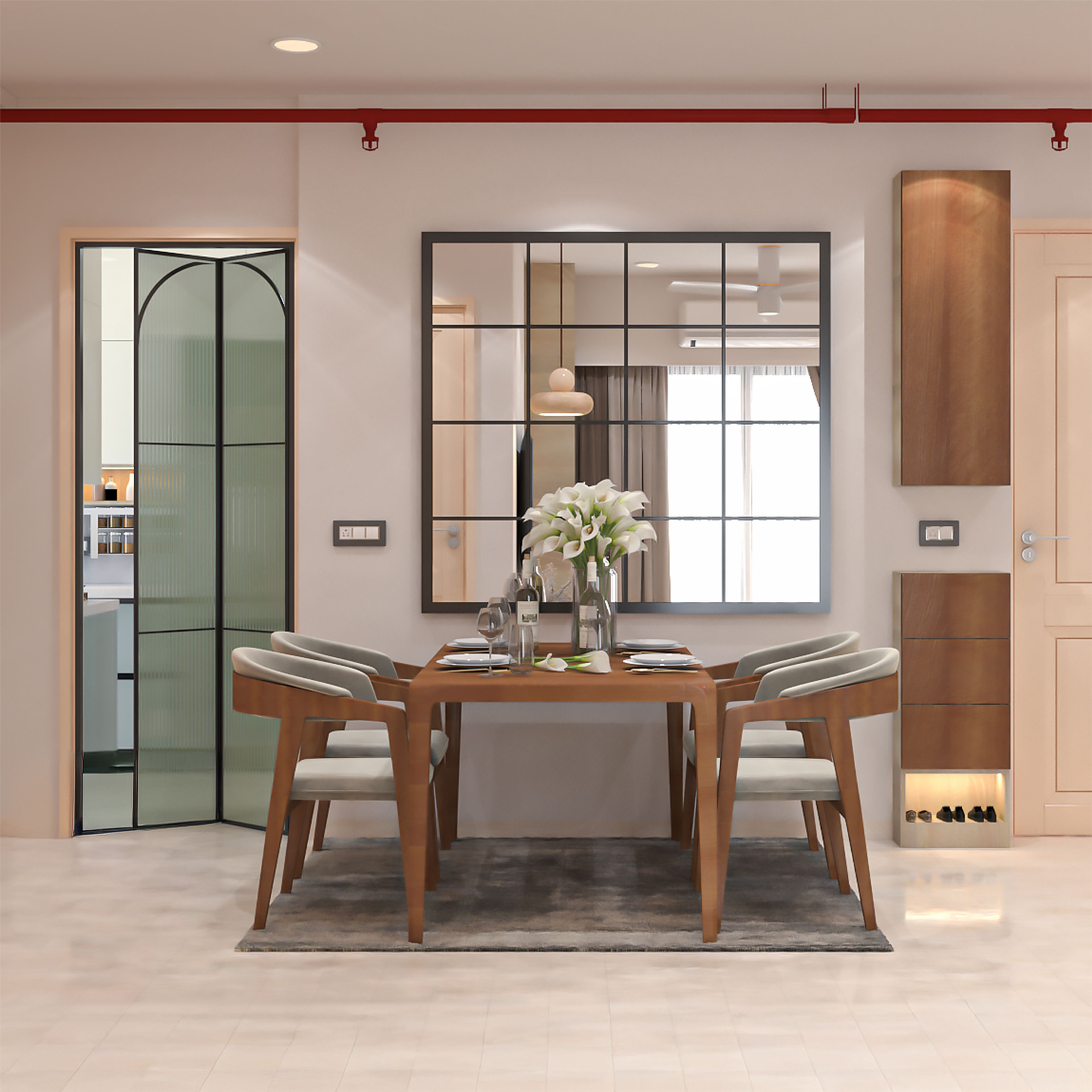 4-Seater Contemporary Dining Room Design with Wooden Table and Display Cabinets