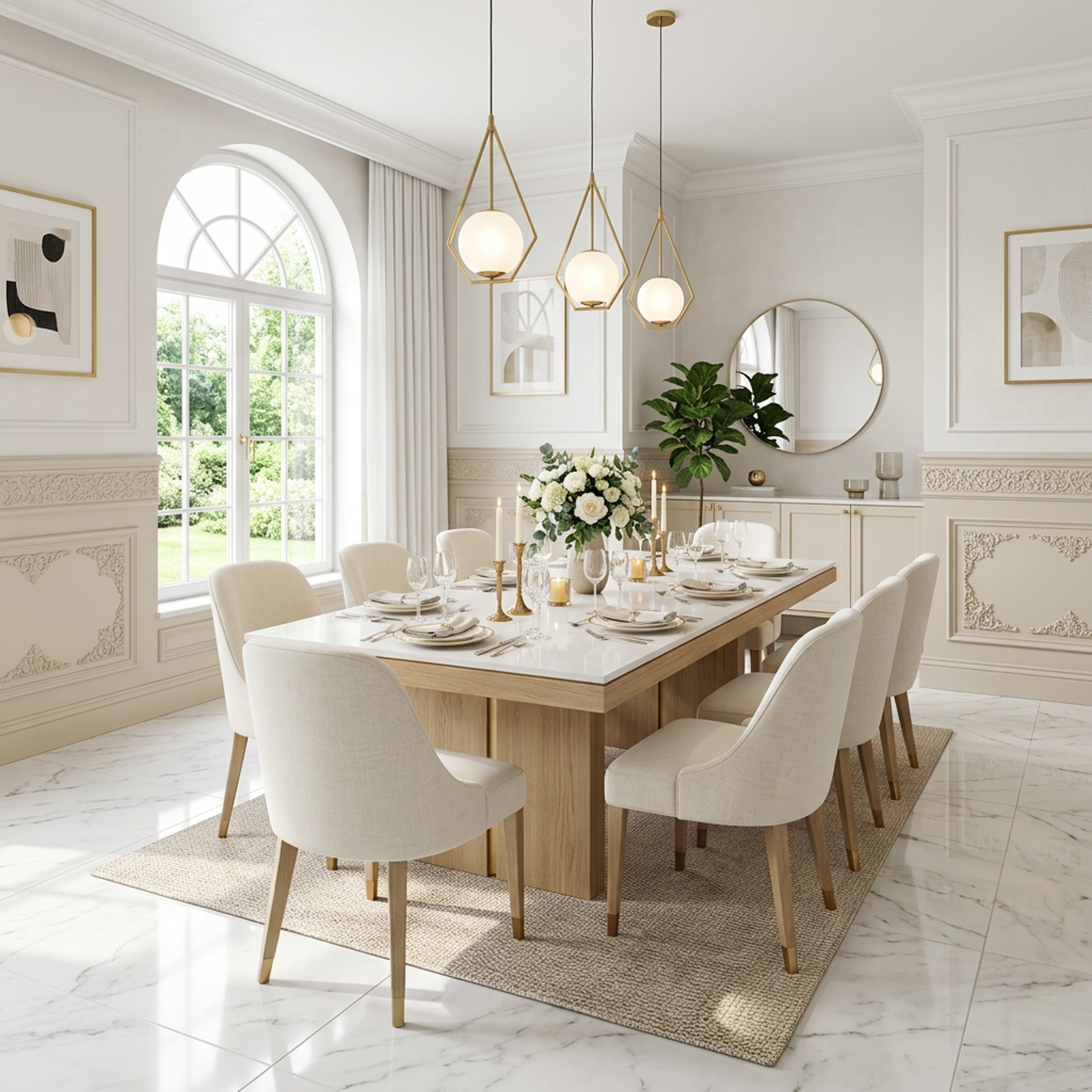 Scandinavian 8-Seater Dining Room Design with Glass Top and Sideboard Storage