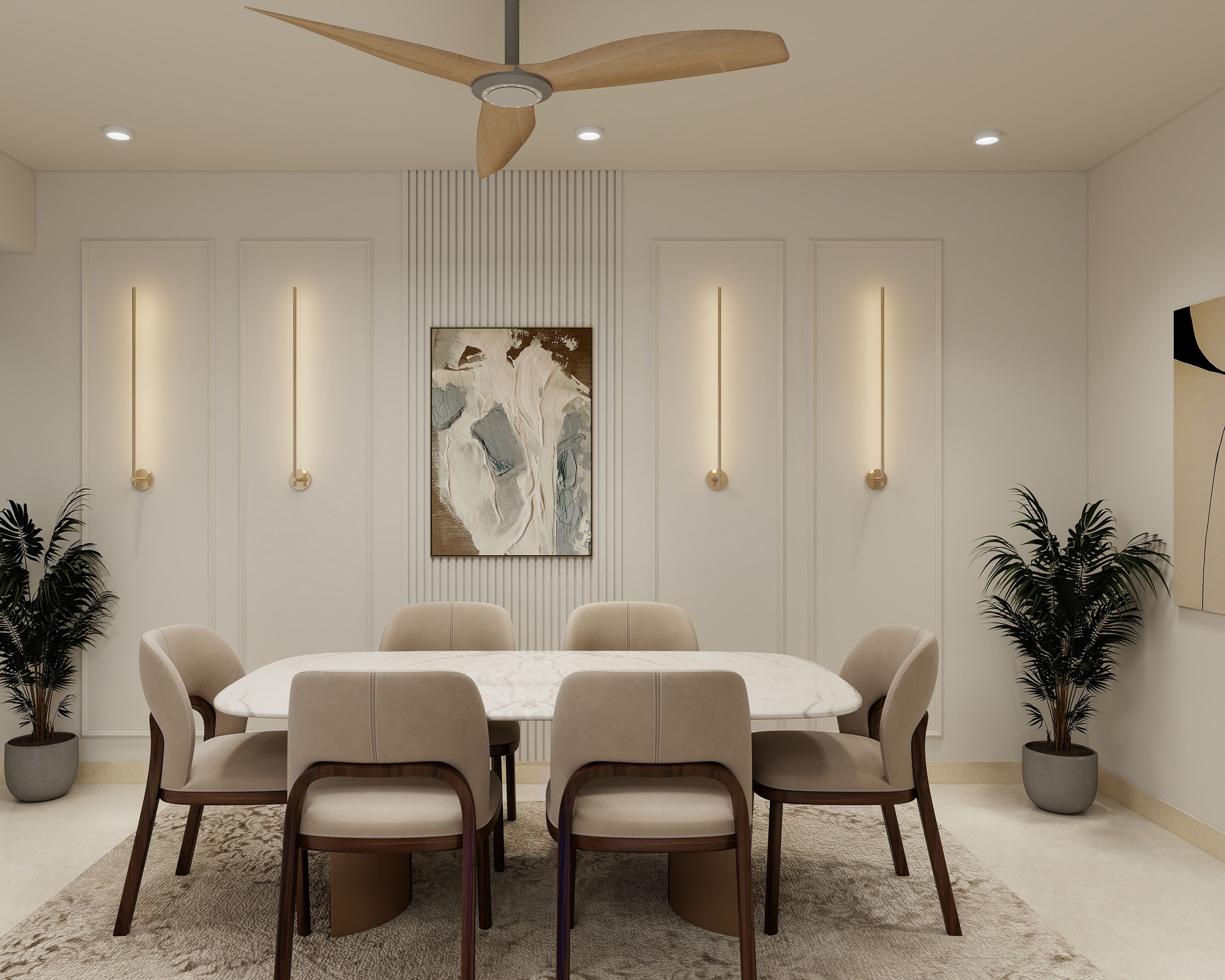 6-Seater Contemporary Dining Room Design with Oval Marble Table