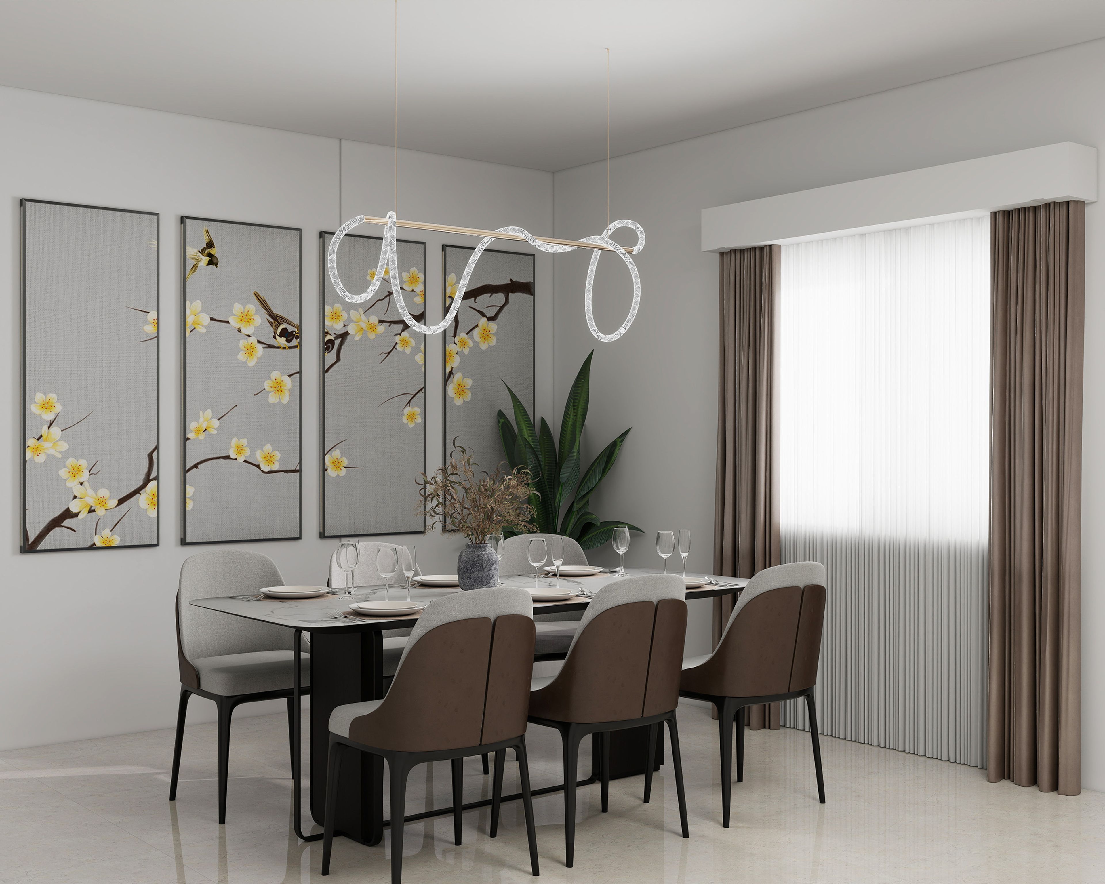 Modern 6-Seater Dining Room Design with Marble Table and Display Shelves