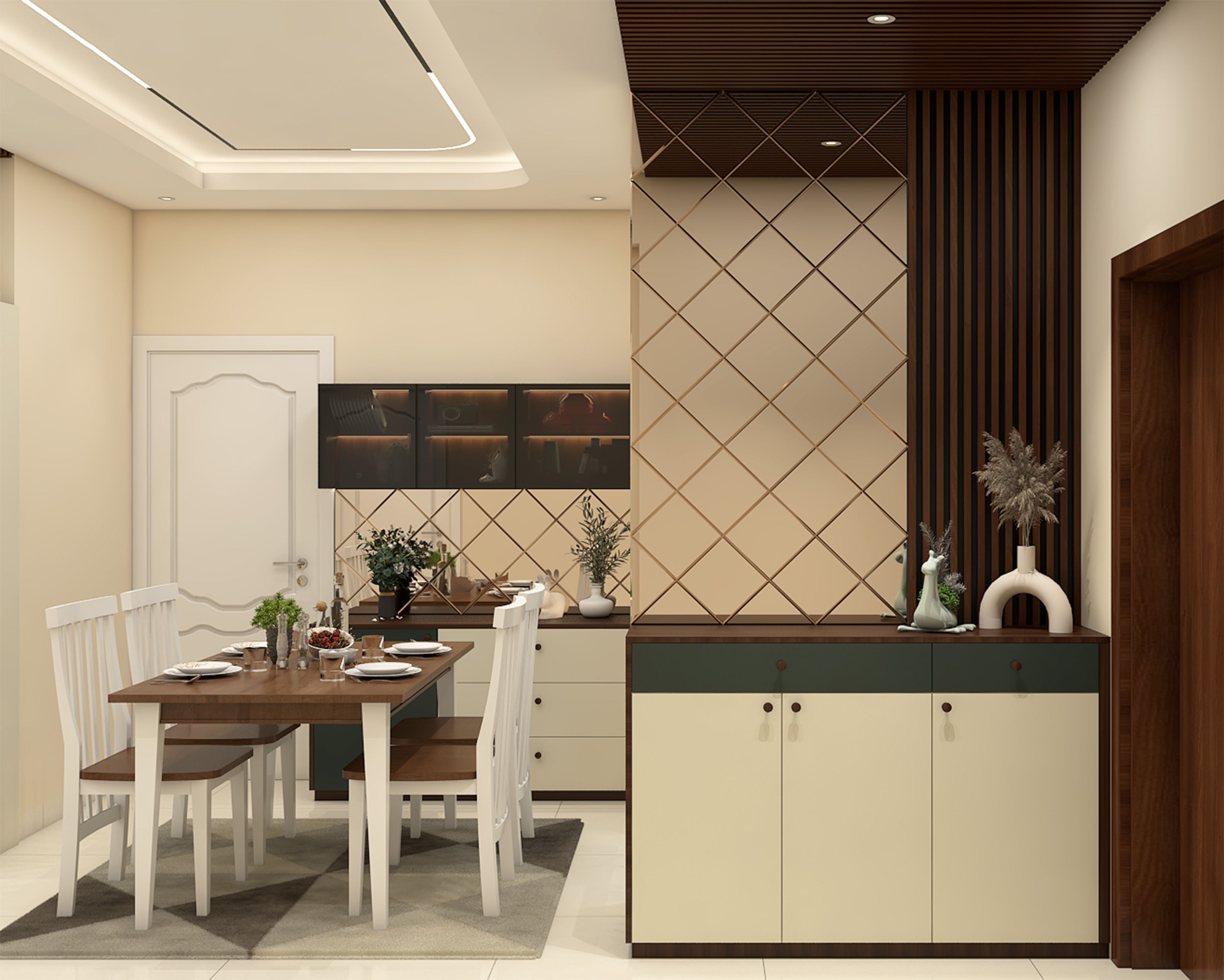 Modern Dining Room Design with Wooden Table and Glass Cabinet