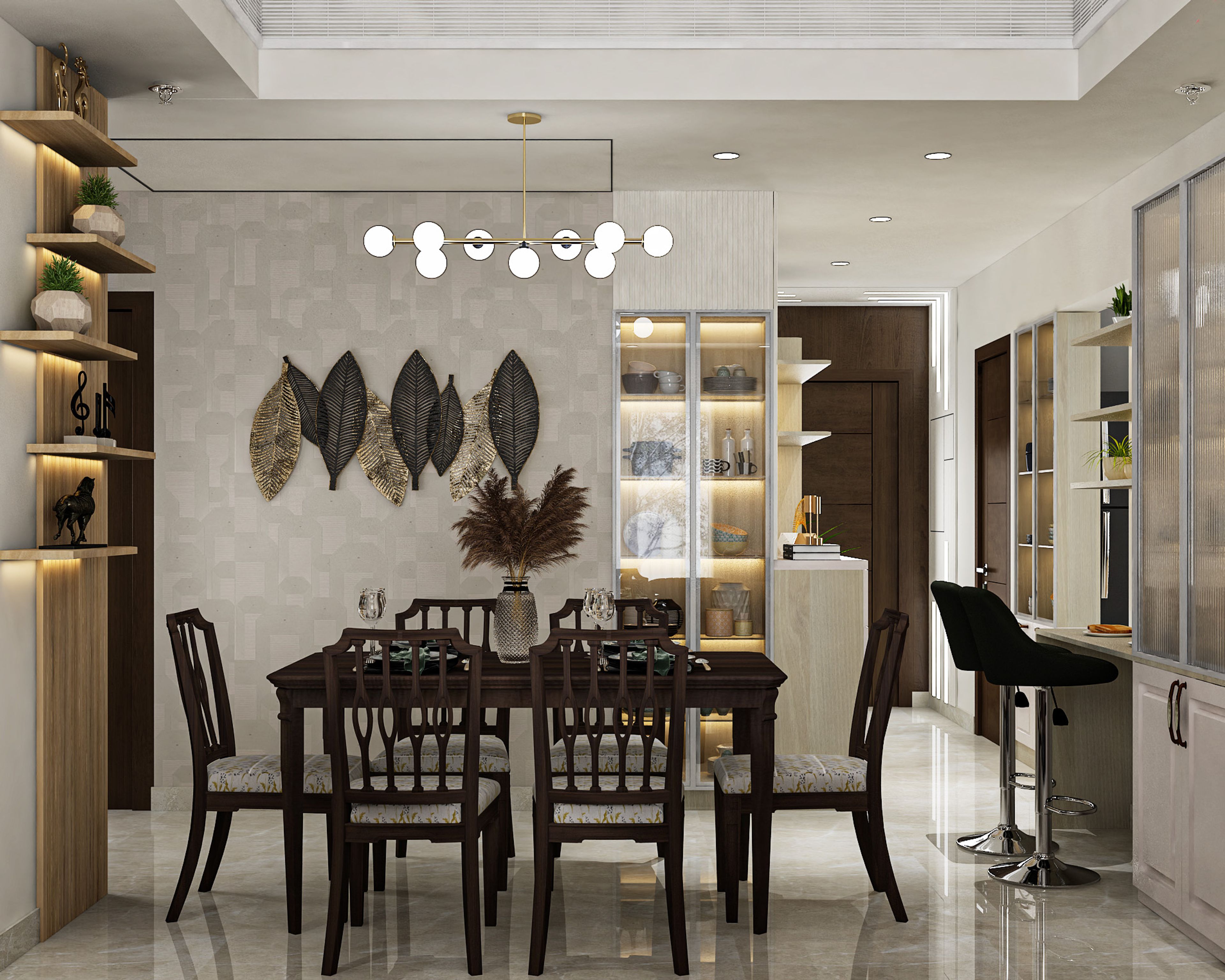 Modern Dining Room Design with Display Cabinet and Breakfast Counter
