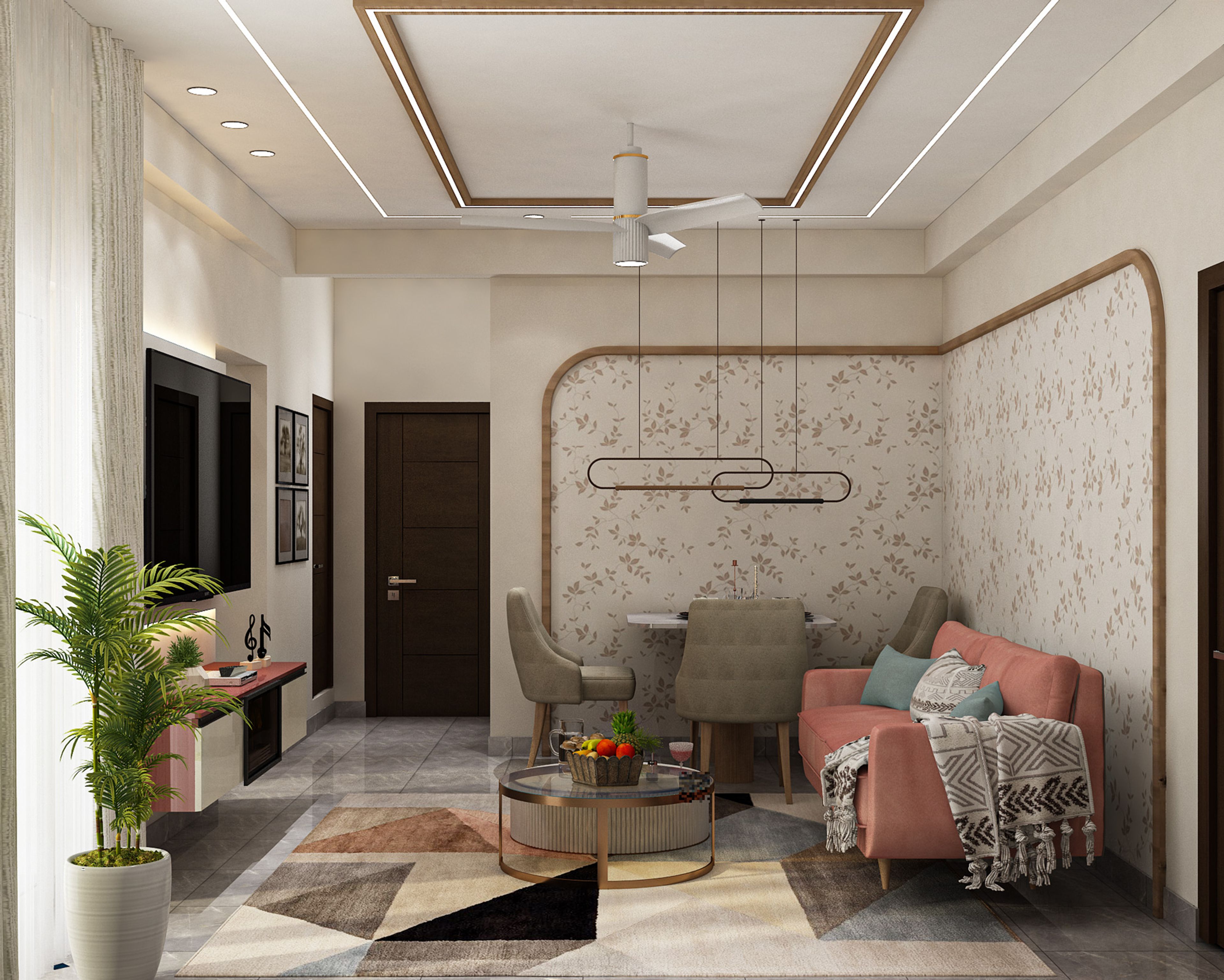 Contemporary Living Cum Dining Room Design with Round Table