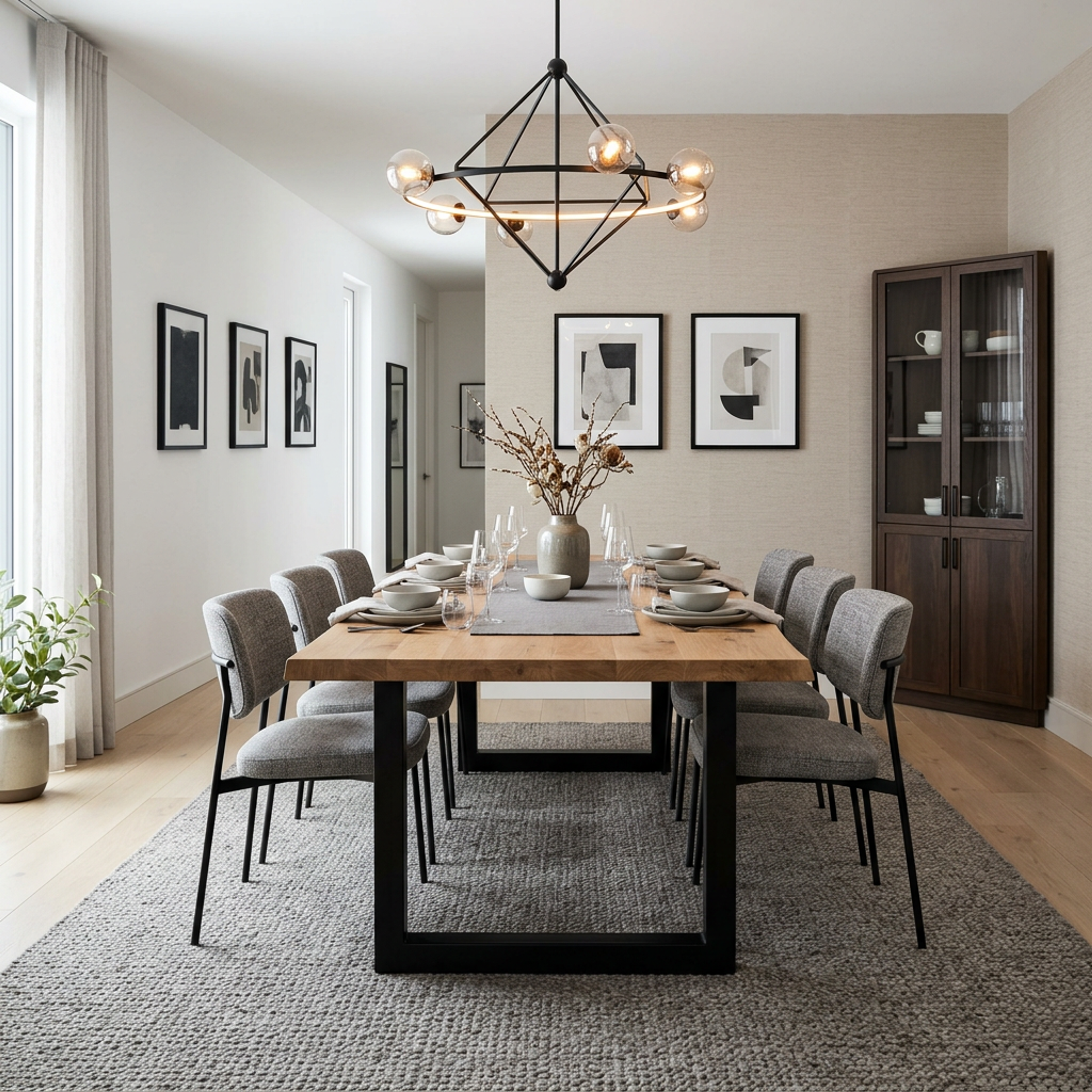 Modern Dining Room Design with Wooden Table and Storage Cabinet