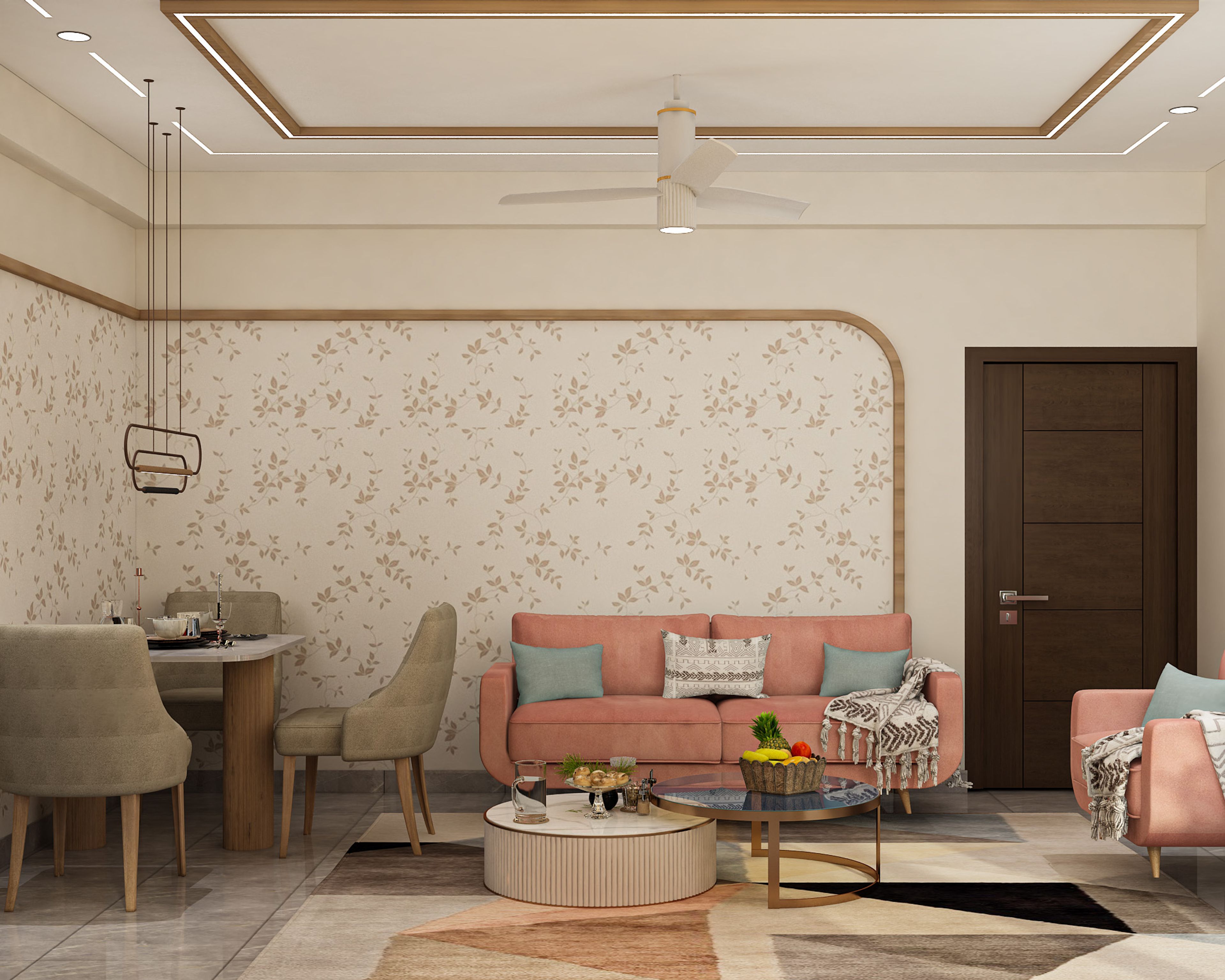 Contemporary Living Cum Dining Room Design with Round Table