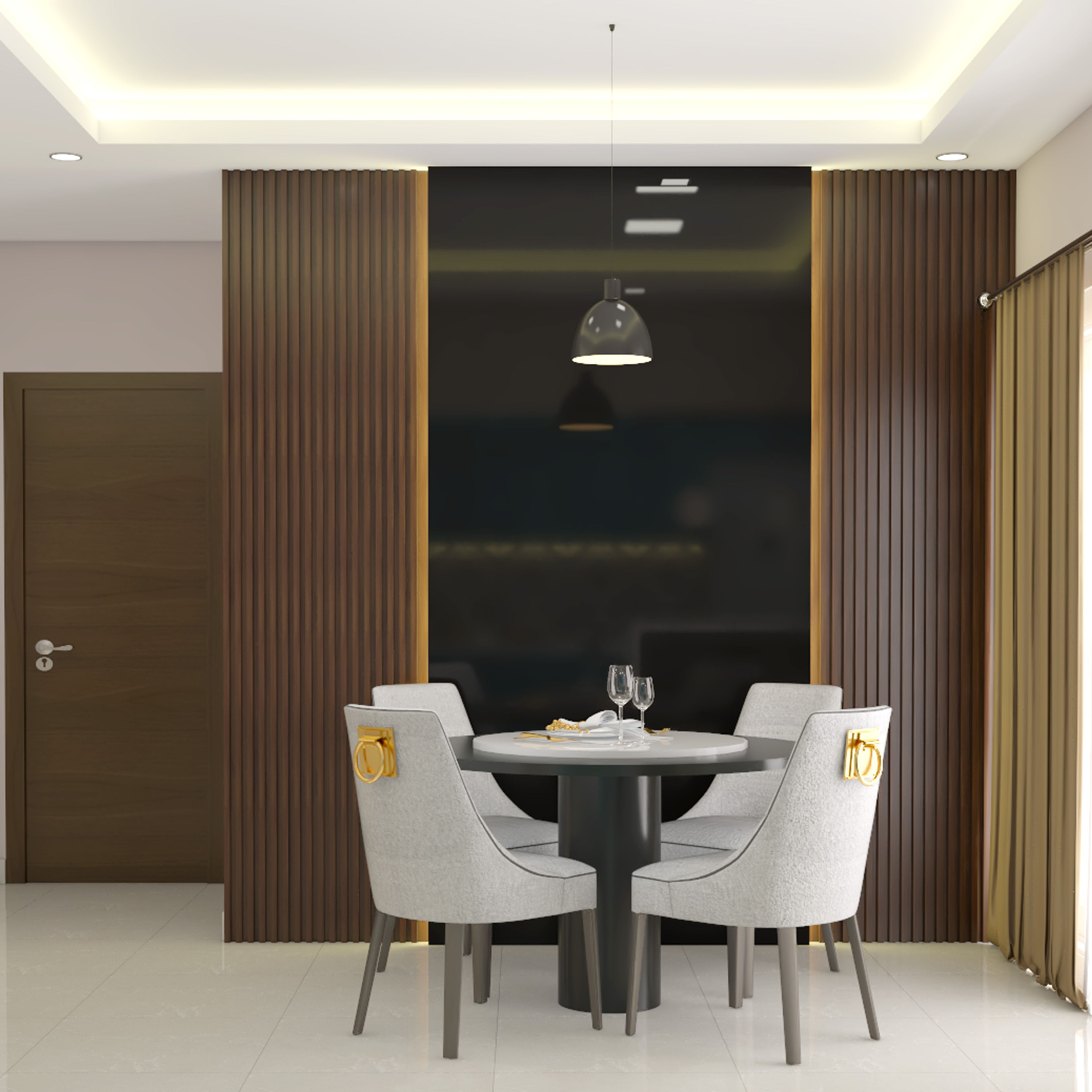 Contemporary Dining Room Design with Pedestal Table and Wood Panels