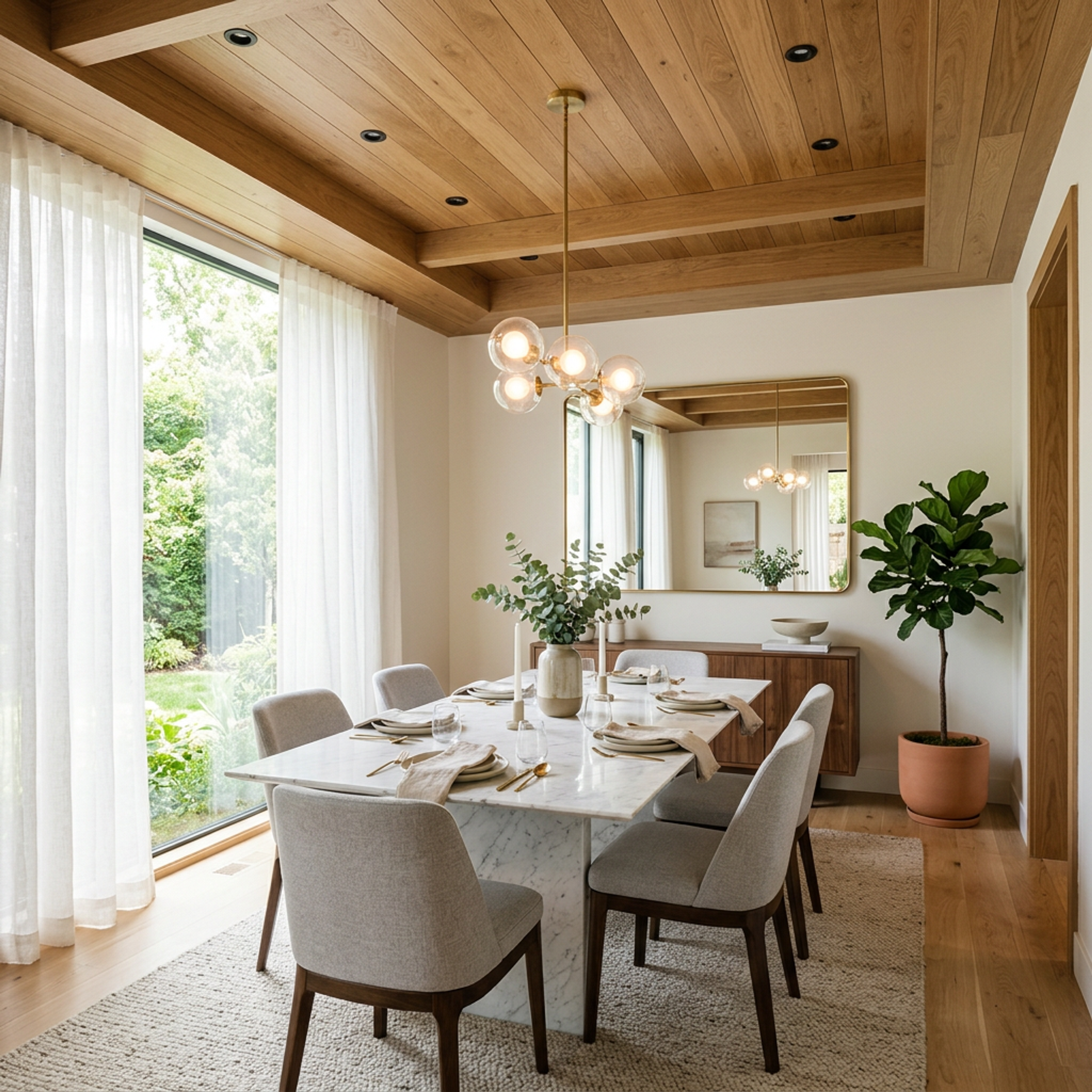 Contemporary 6-Seater Dining Room Design with Marble Table and Sideboard