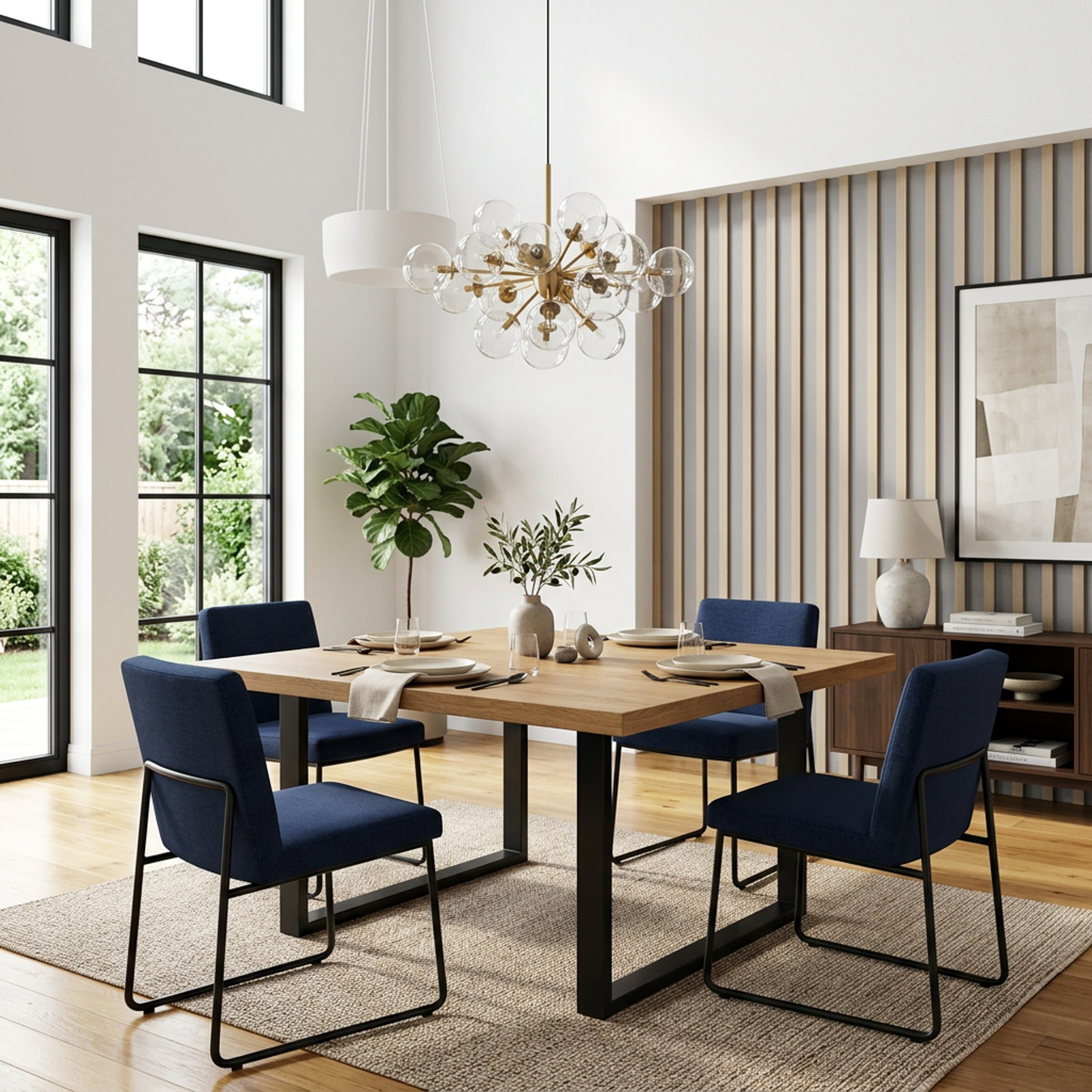 Mid Century Modern Dining Room Design with Sideboard and Blue Chairs