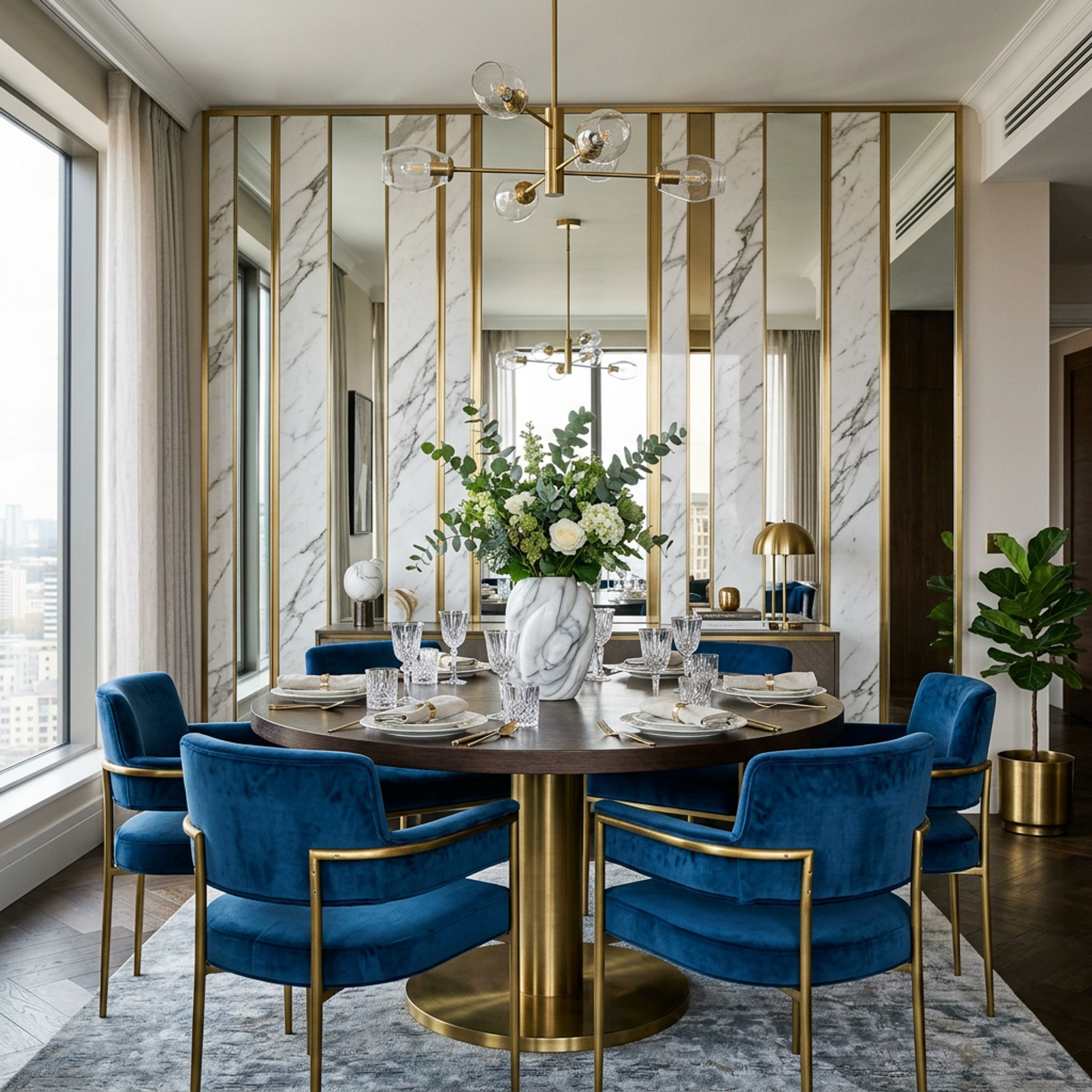 Minimal Glam Dining Room Design With Mirror Wall and Velvet Chairs