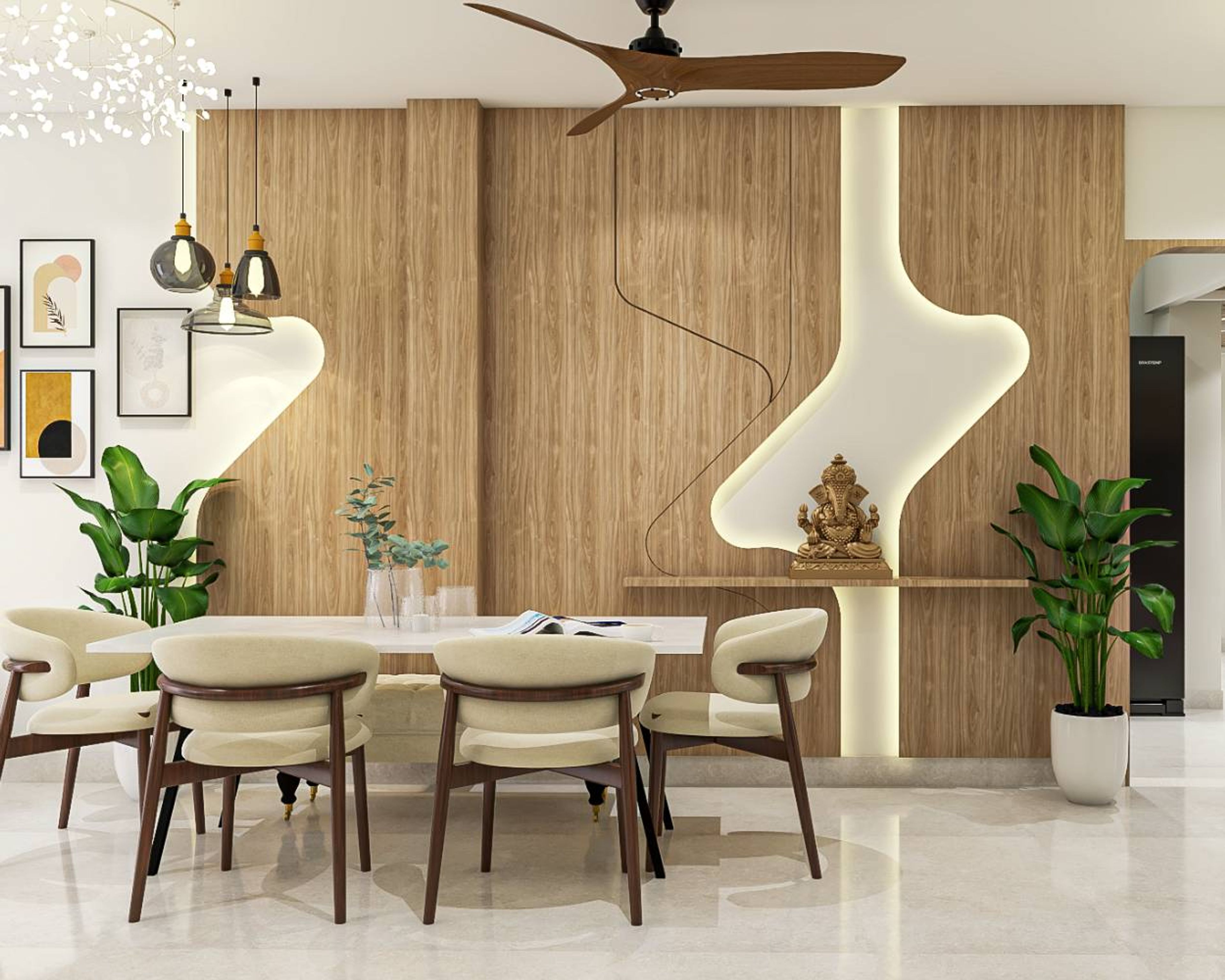 Classic Dining Room Design with Marble Table and Display Niche