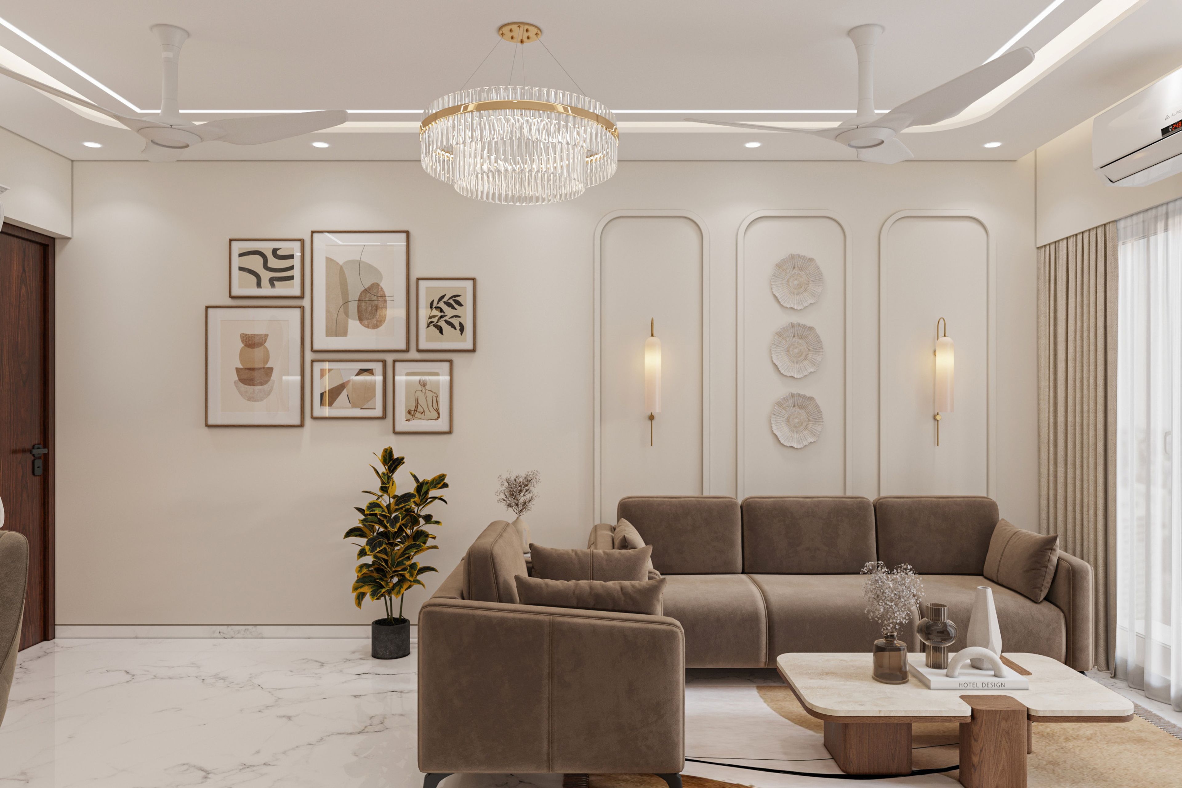 Contemporary Double Layer Gypsum False Ceiling Design with Chandelier