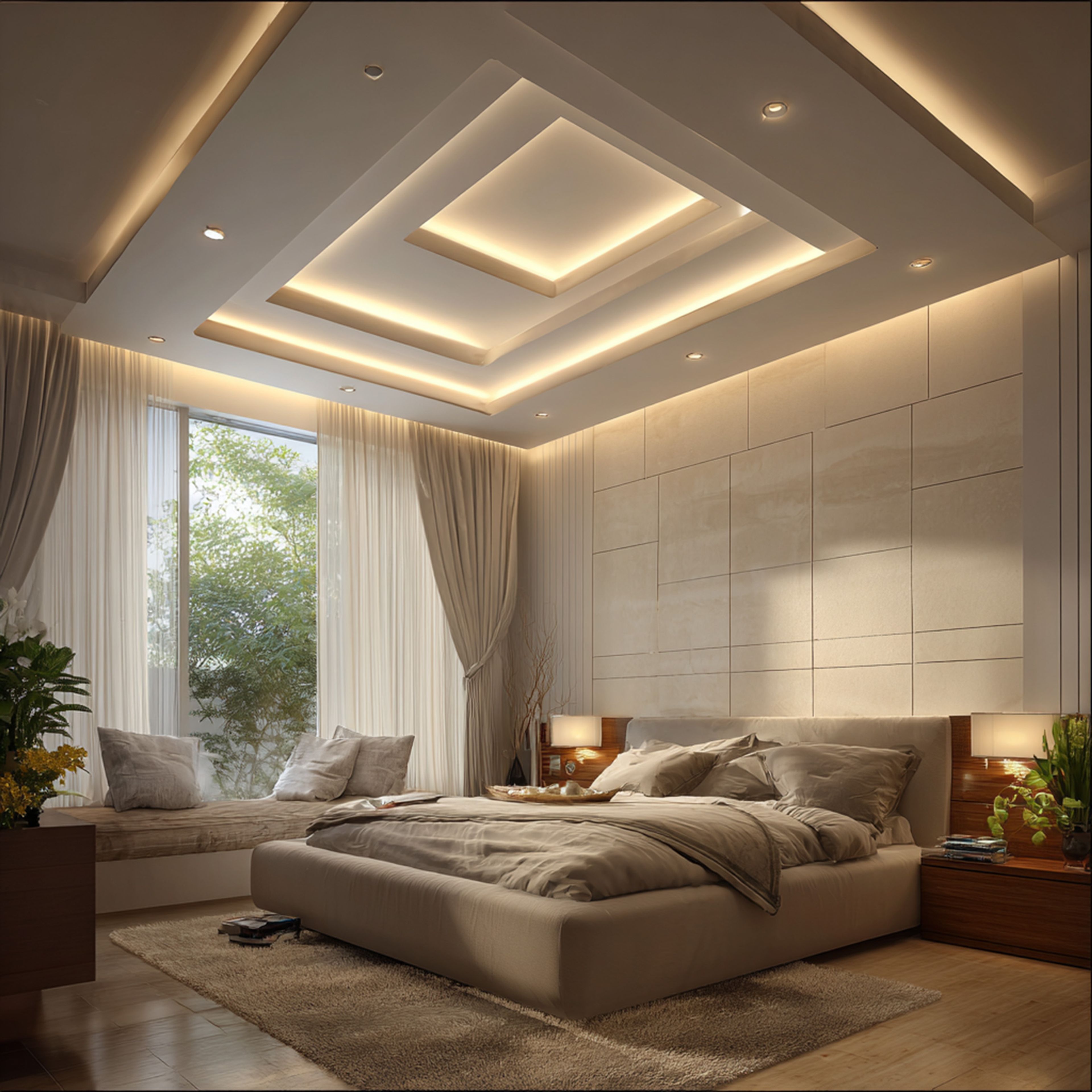 Multi Layer Transitional False Ceiling Design with Rectangular Gypsum Panels