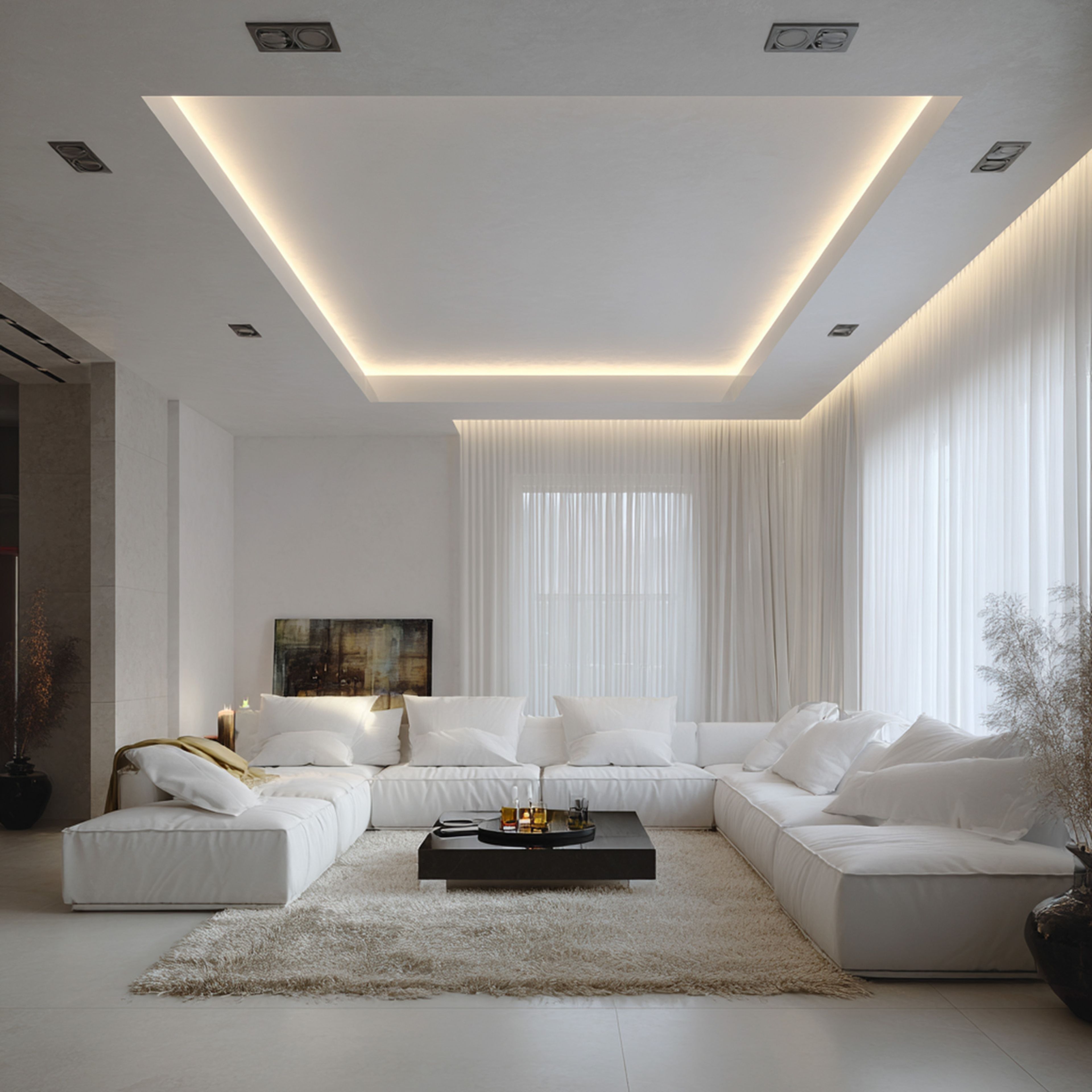 Minimal Double Layer False Ceiling Design with Rectangular Gypsum Layout