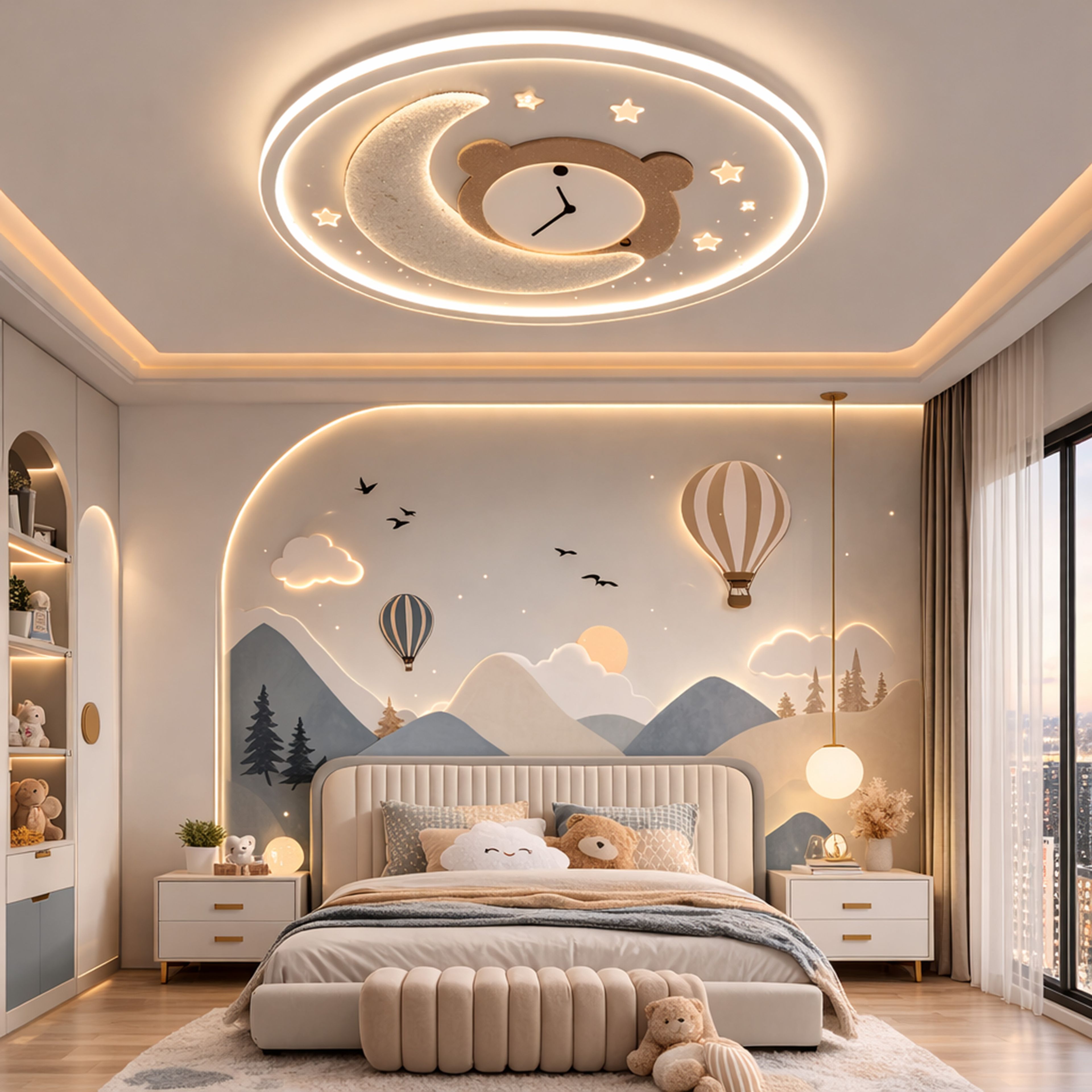 Kids Bedroom Double Layer Modern False Ceiling Design with Star Lights And Mural