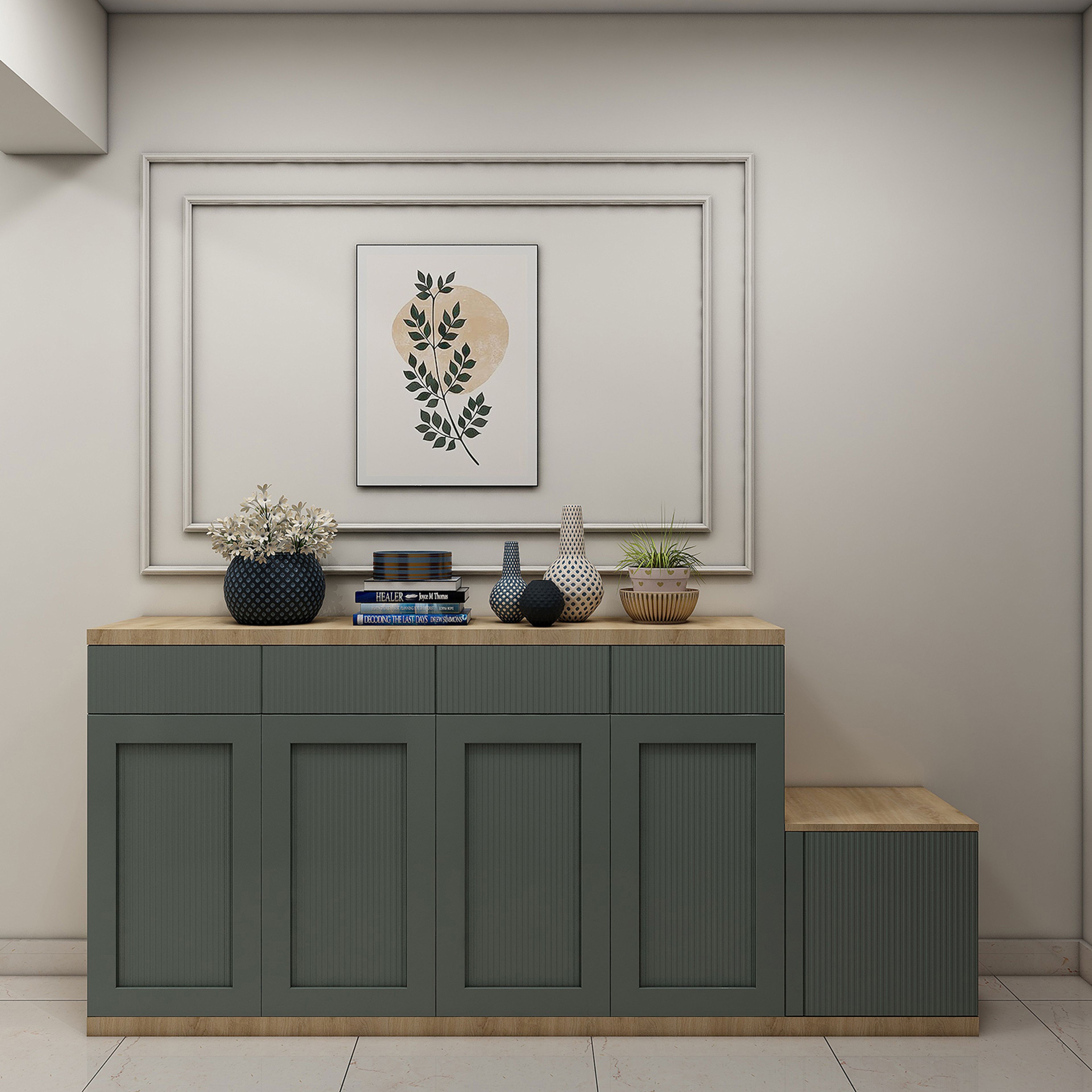 Scandinavian Foyer Design with Bench Seating and Wall Moulding