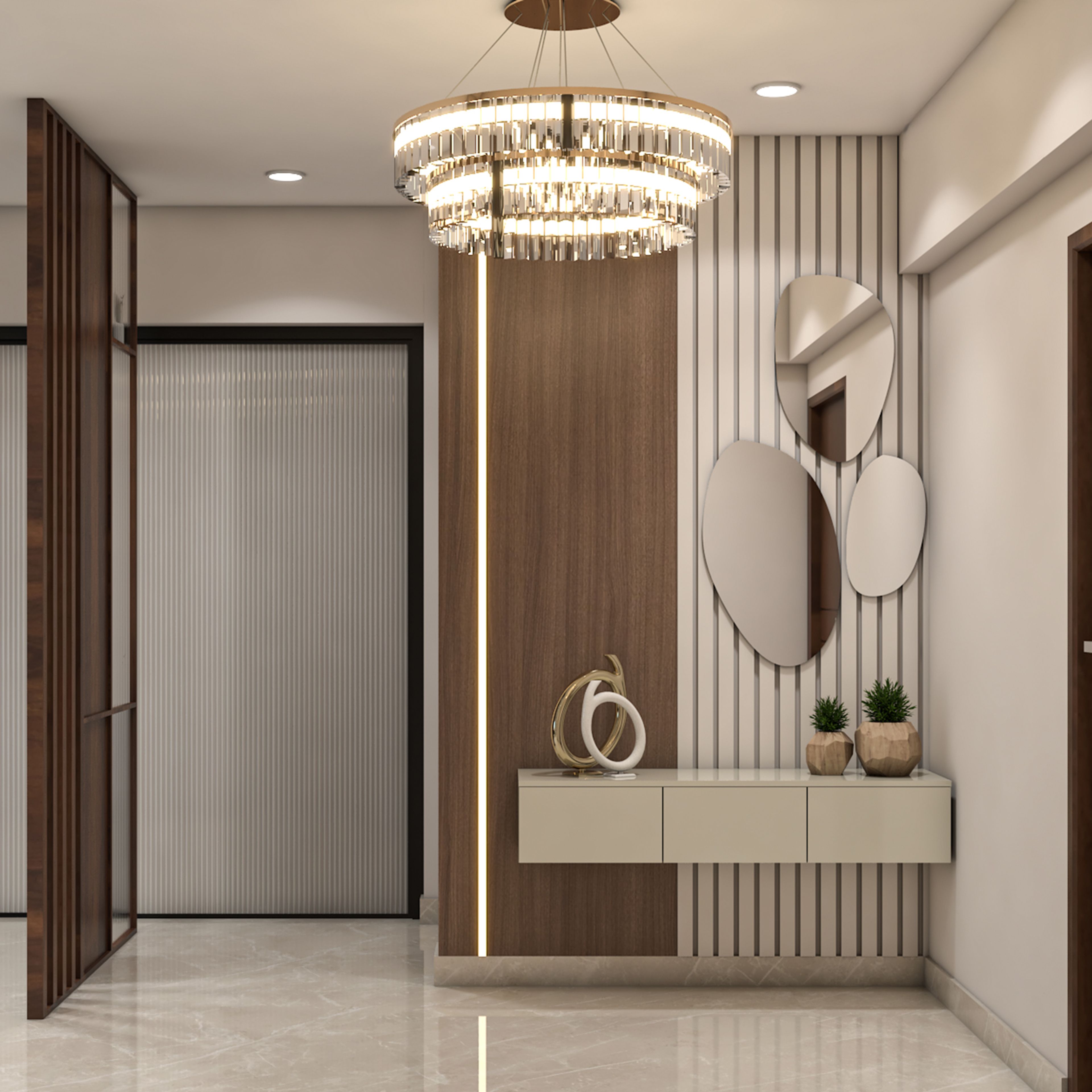 Contemporary Walnut Wooden Foyer Wall Design with Fluted Panel Detailing