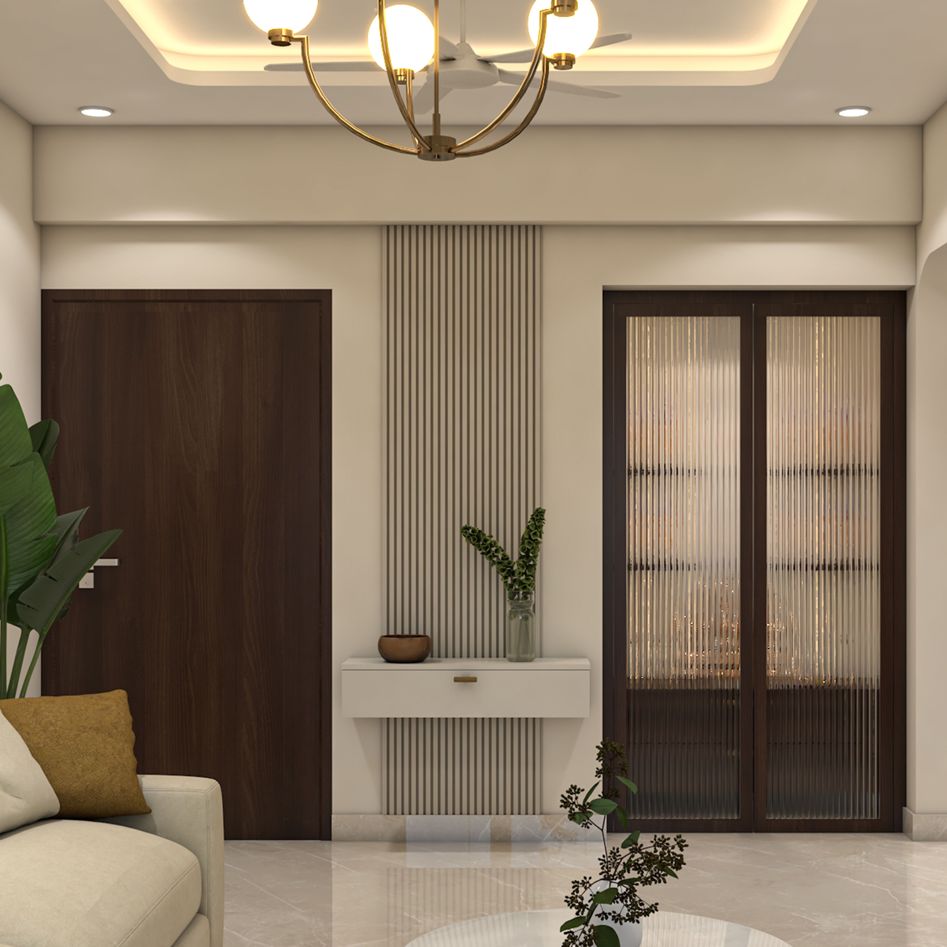 Contemporary Foyer Design with Fluted Wall Panel and Console Storage