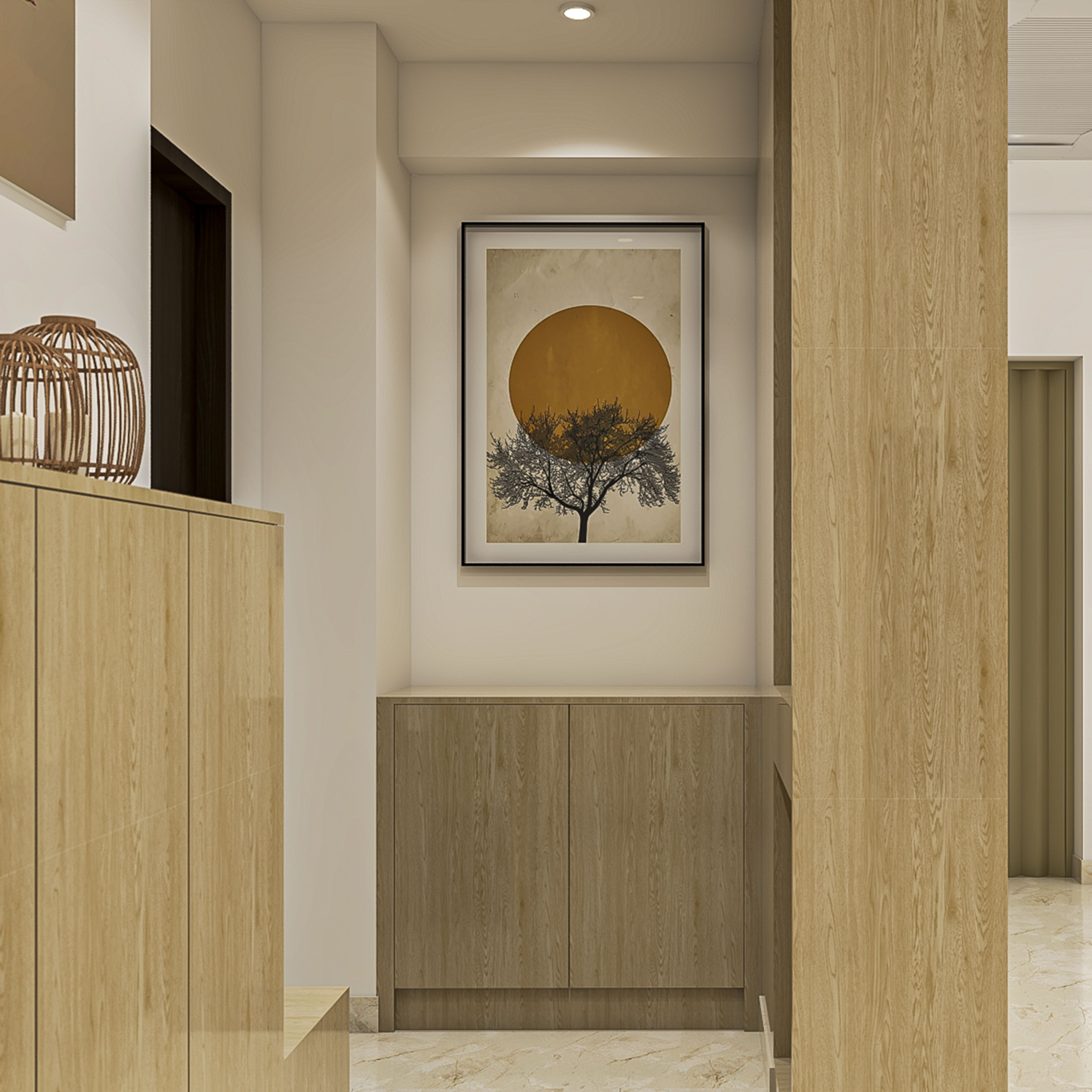 Modern Foyer Design with Wooden Panel Wall and Shoe Cabinet