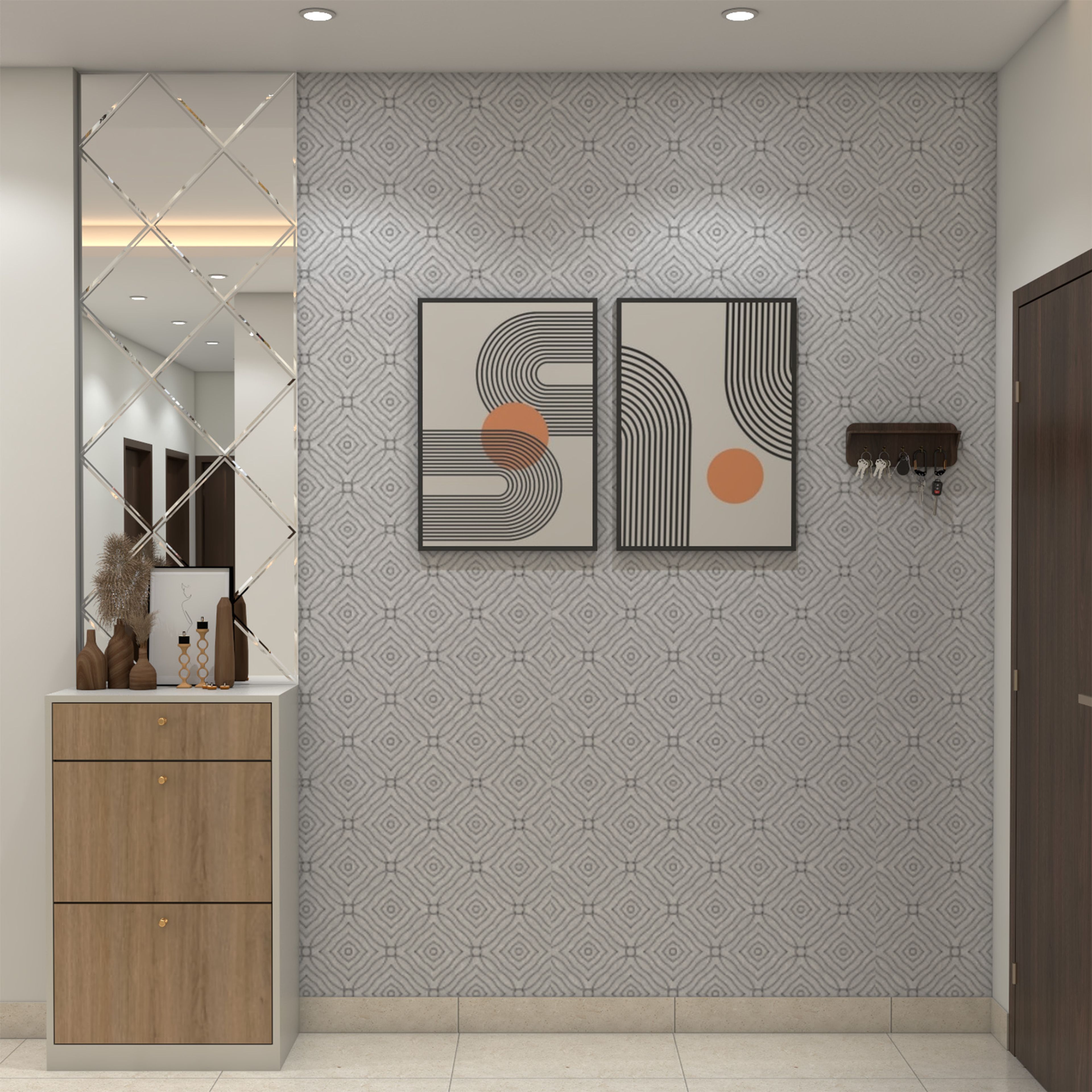 Modern Foyer Design with Shoe Storage and Diamond-Pattern Mirror Panel