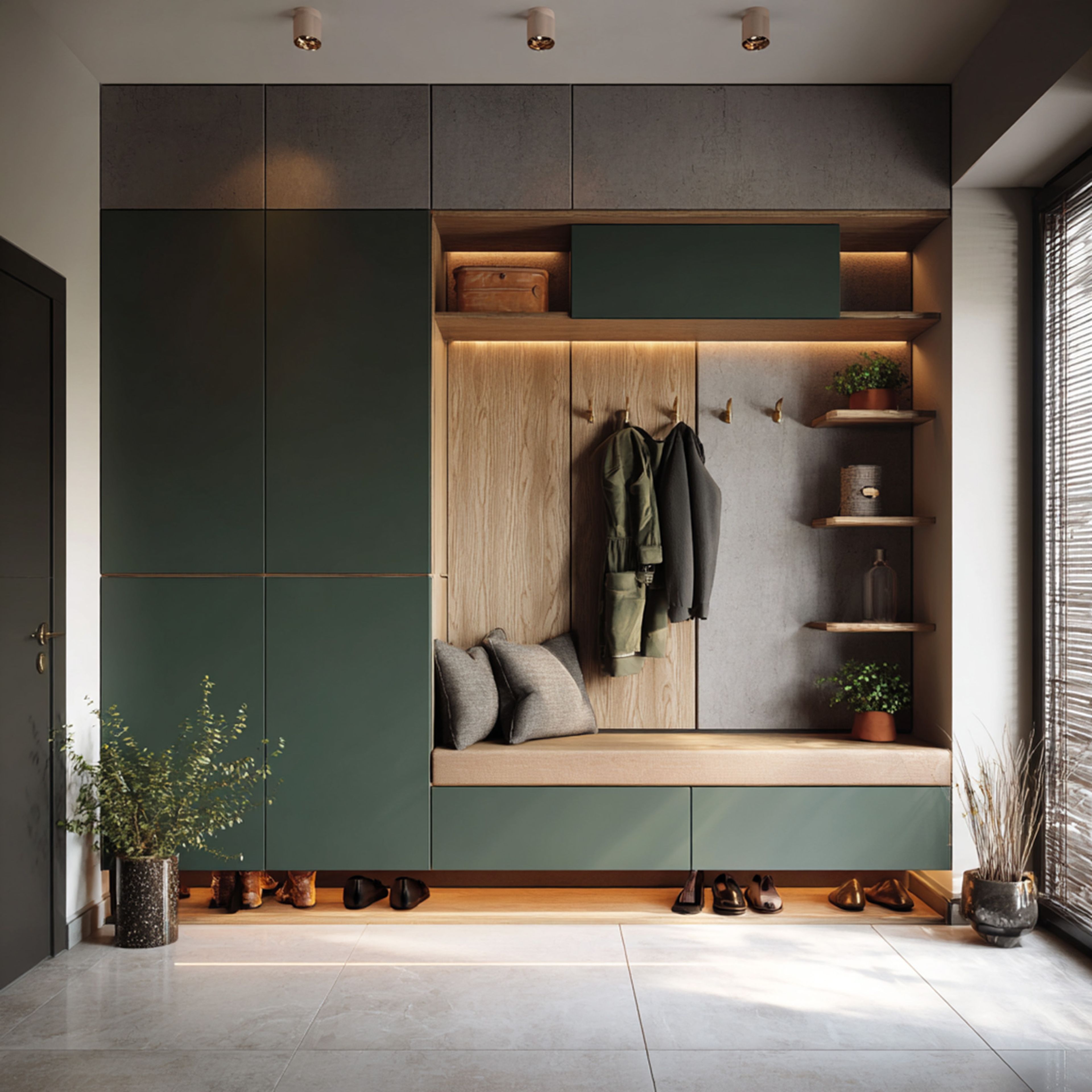 Contemporary Foyer Design with Matte Laminate and Bench Storage