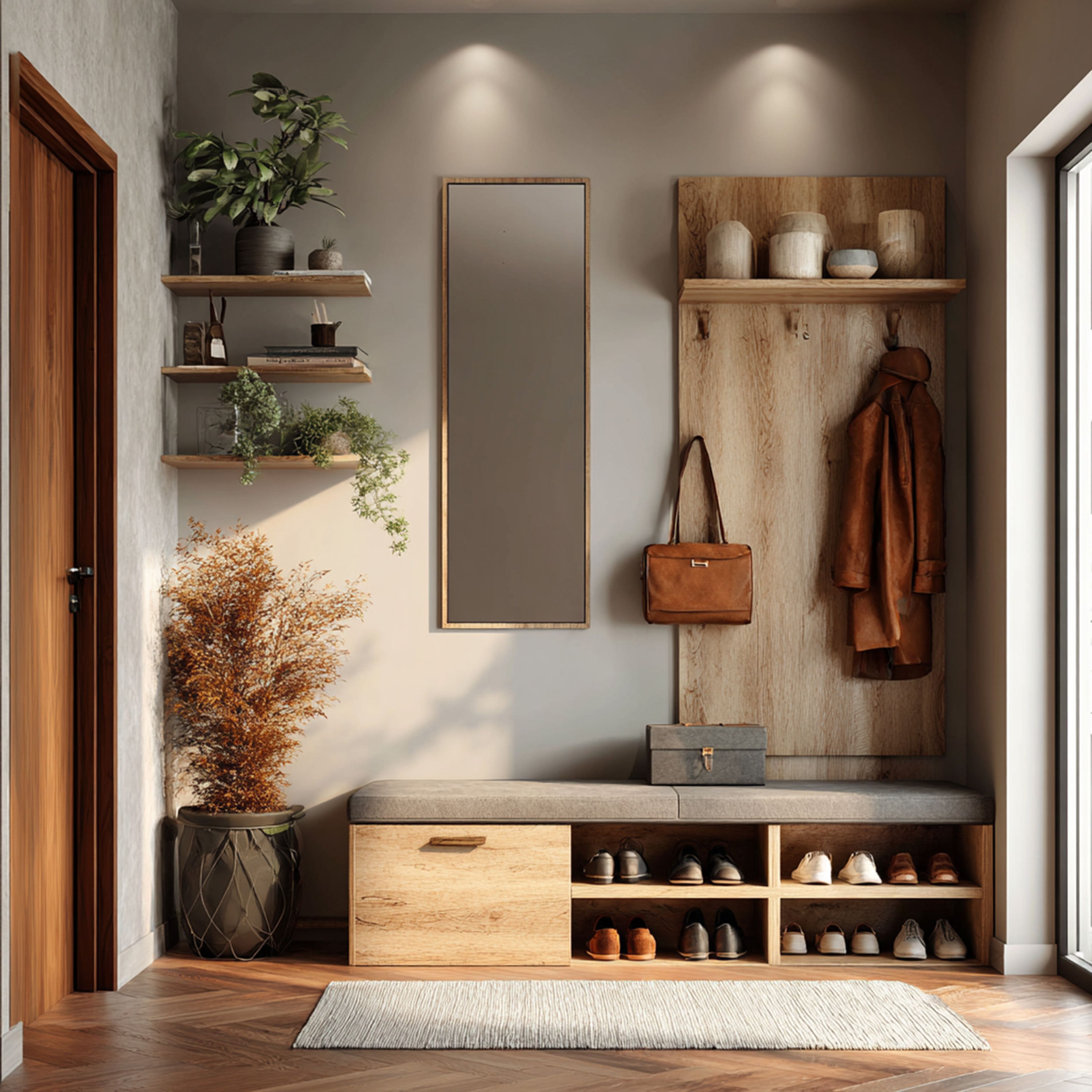 Modern Foyer Design with Light Oak Wood Finish and Mirror Accent