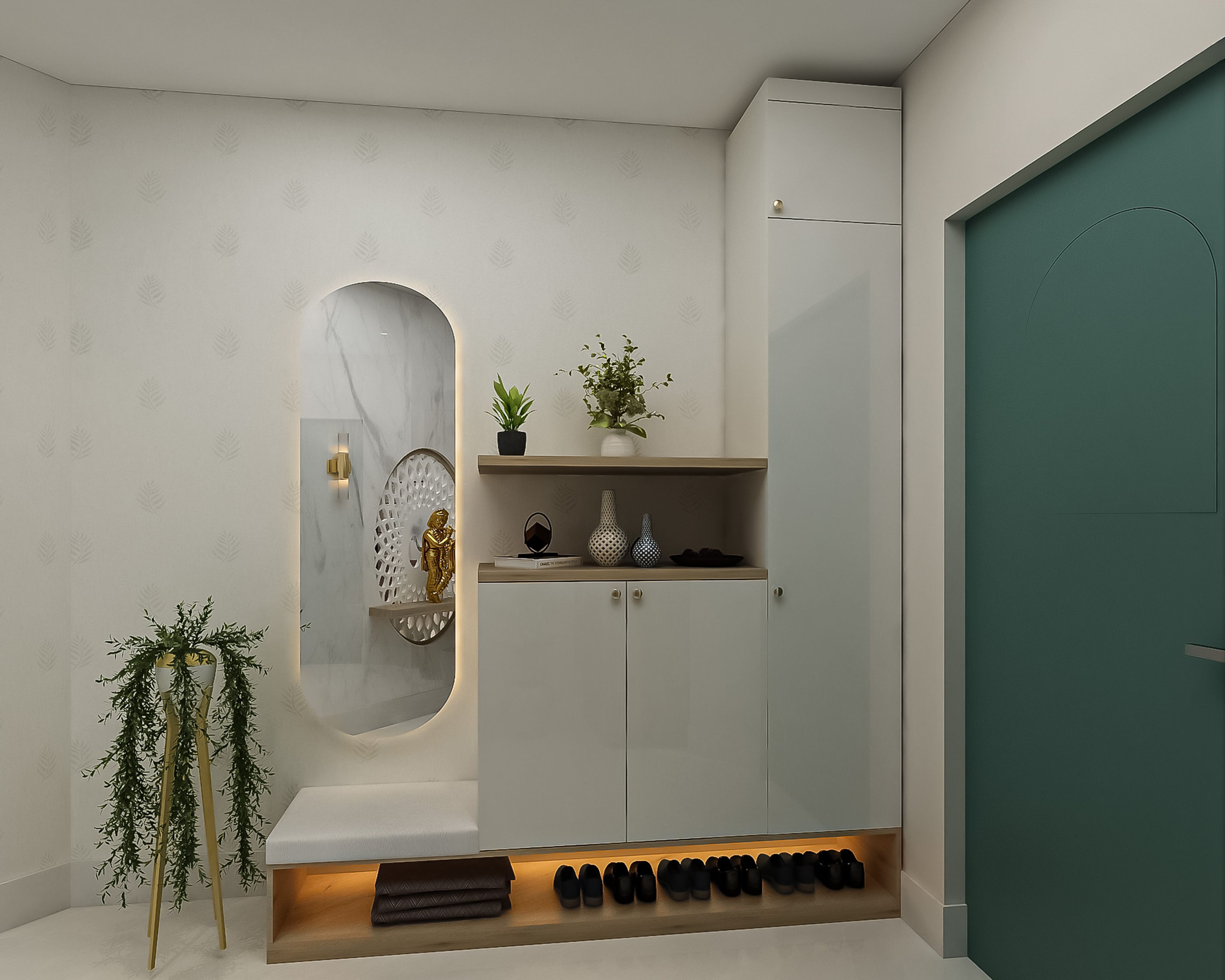 Contemporary Ivory and Wood Foyer Design with Backlit Arch and Shoe Storage