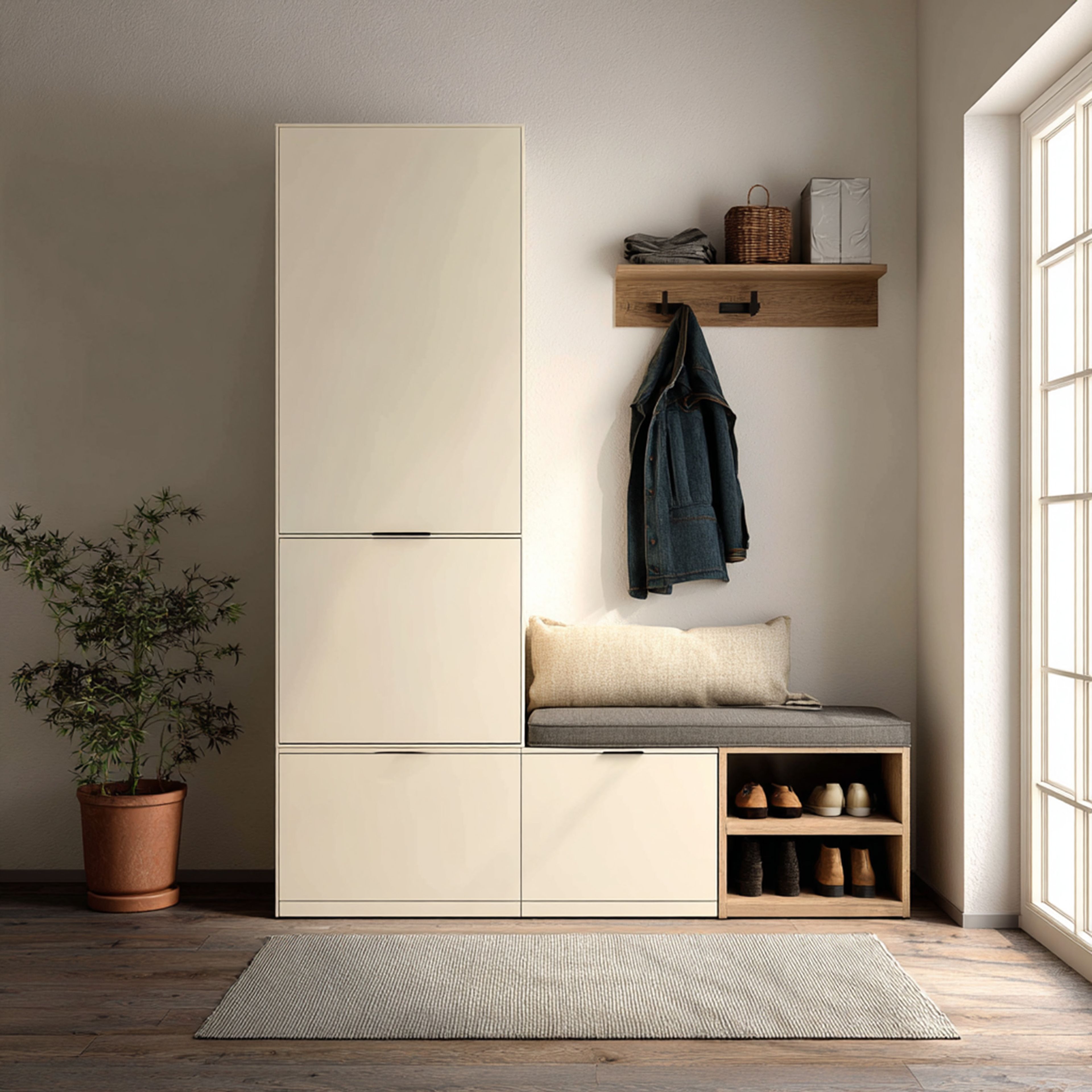 Modern Champagne Foyer Design with Floating Bench and Mirror