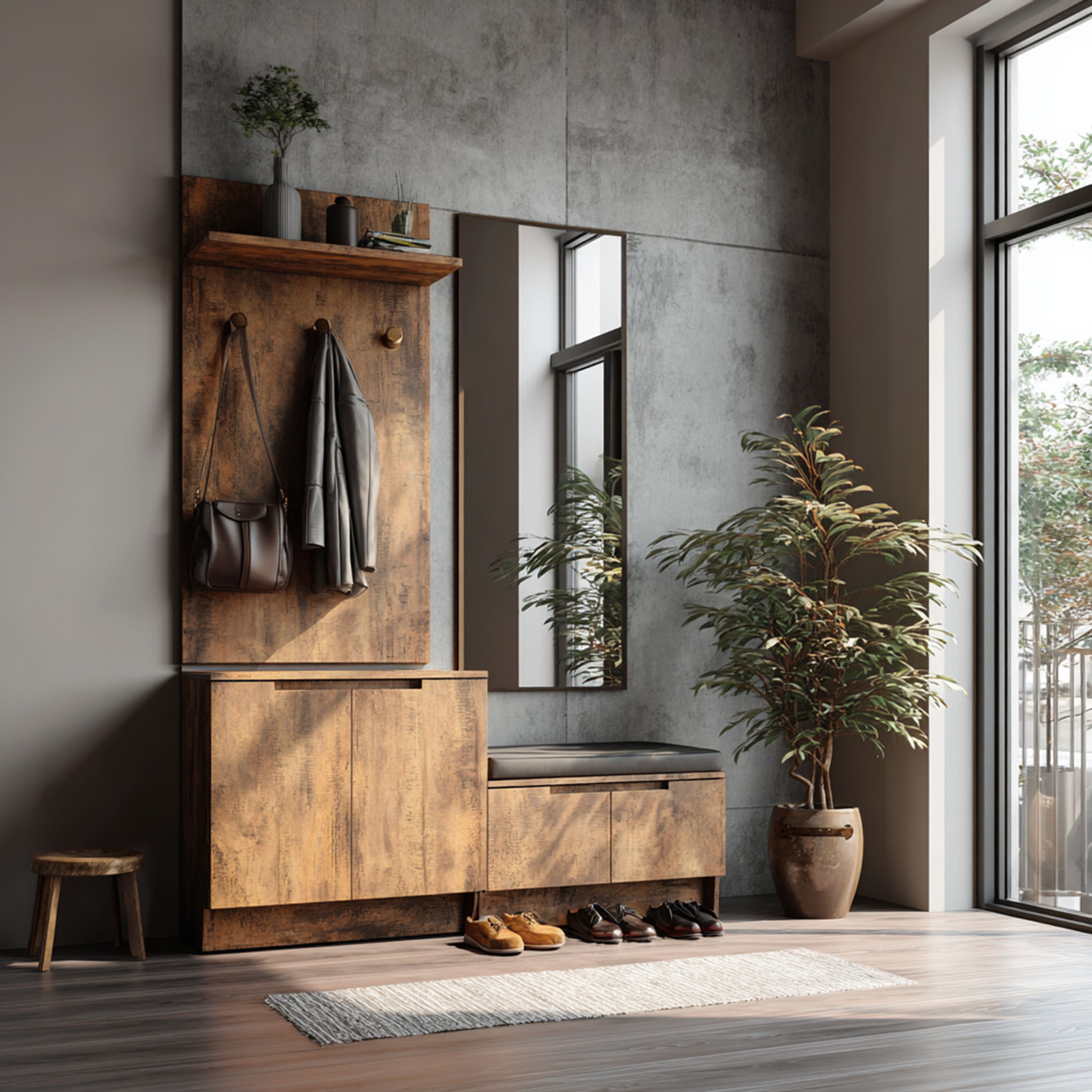Contemporary Teak Foyer Design with Bench Storage and Large Mirror