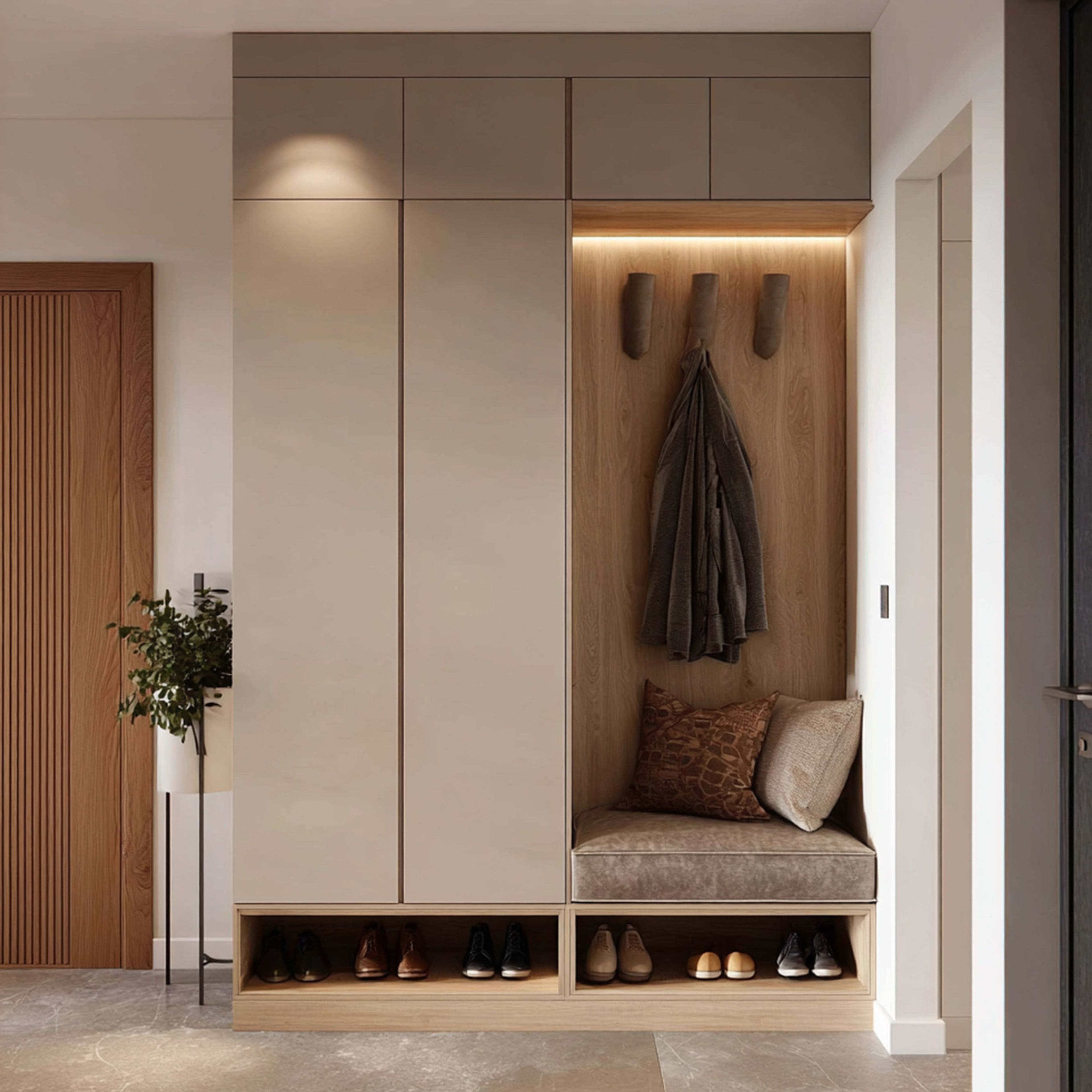 Modern Beige and Walnut Foyer Design with Bench and Cabinets