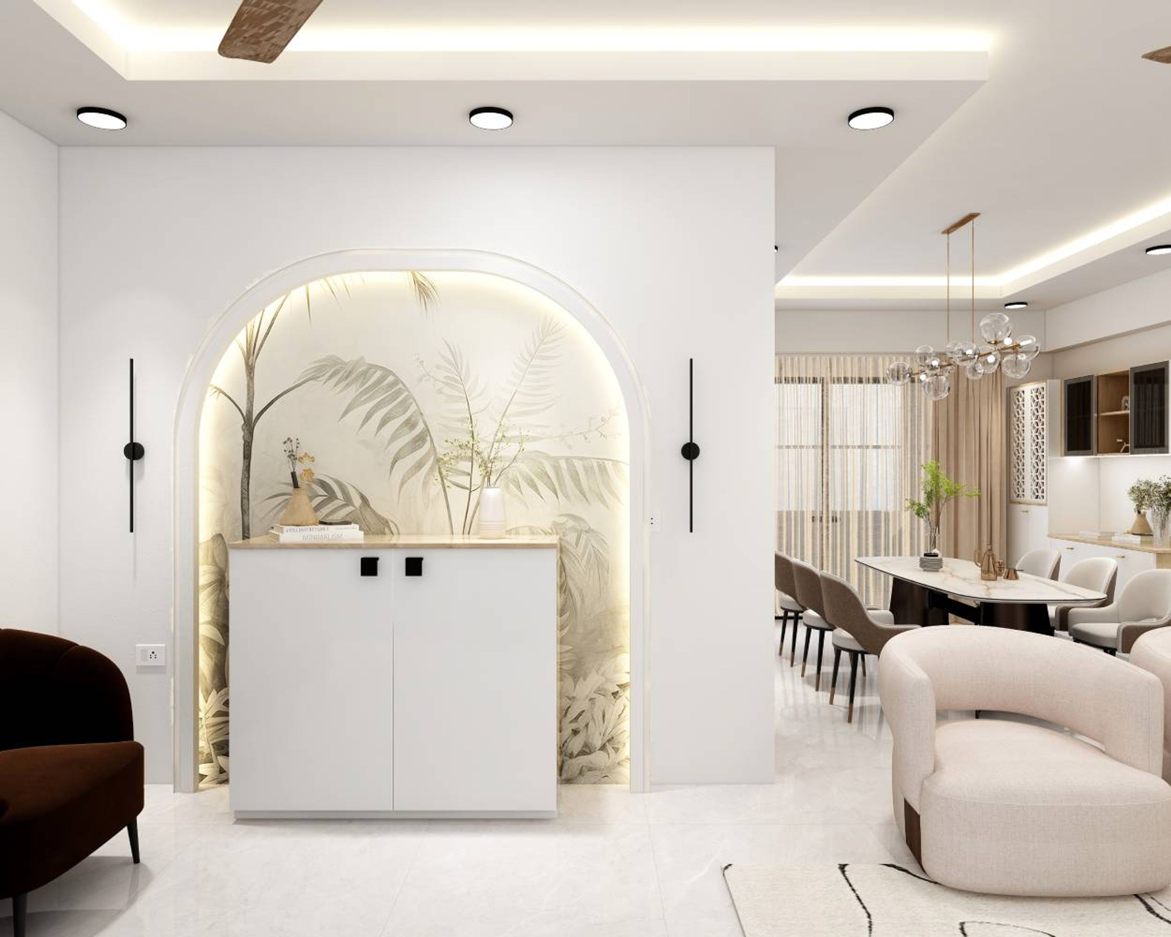 Modern Foyer Design with Backlit Arch Wall and Storage Cabinet