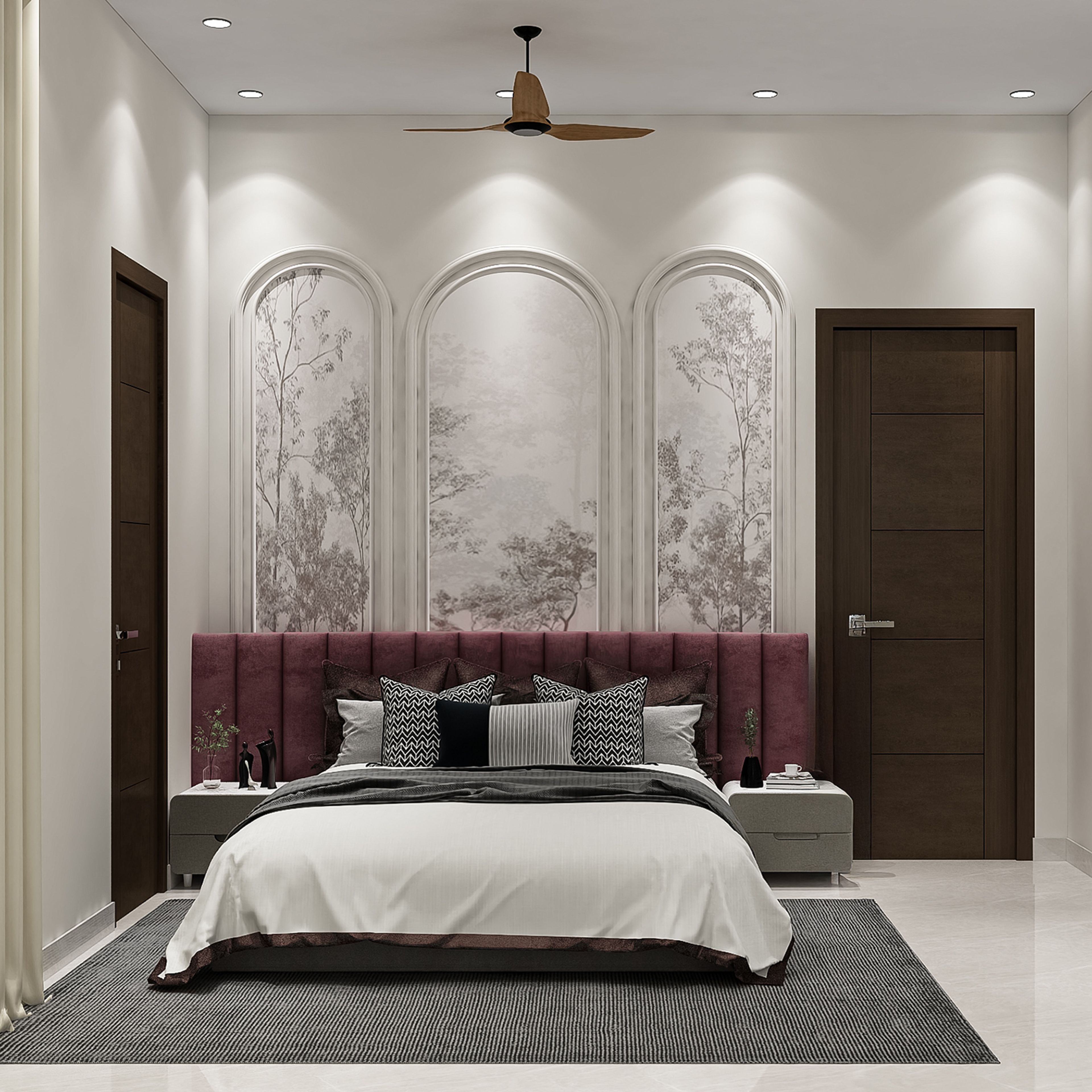 Bohemian Guest Bedroom Design with Velvet Tufted Headboard Bed