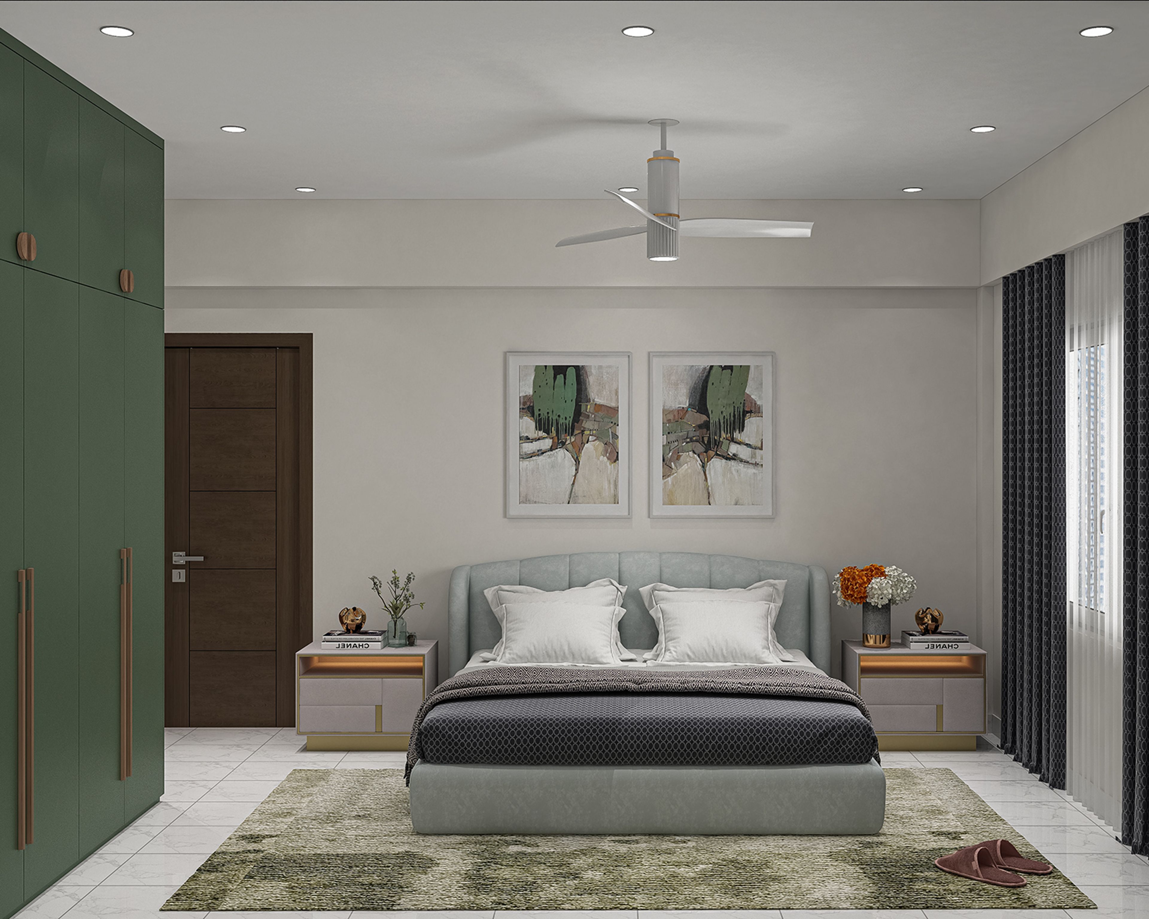 Contemporary Guest Bedroom Design with King Bed and Green Wardrobe