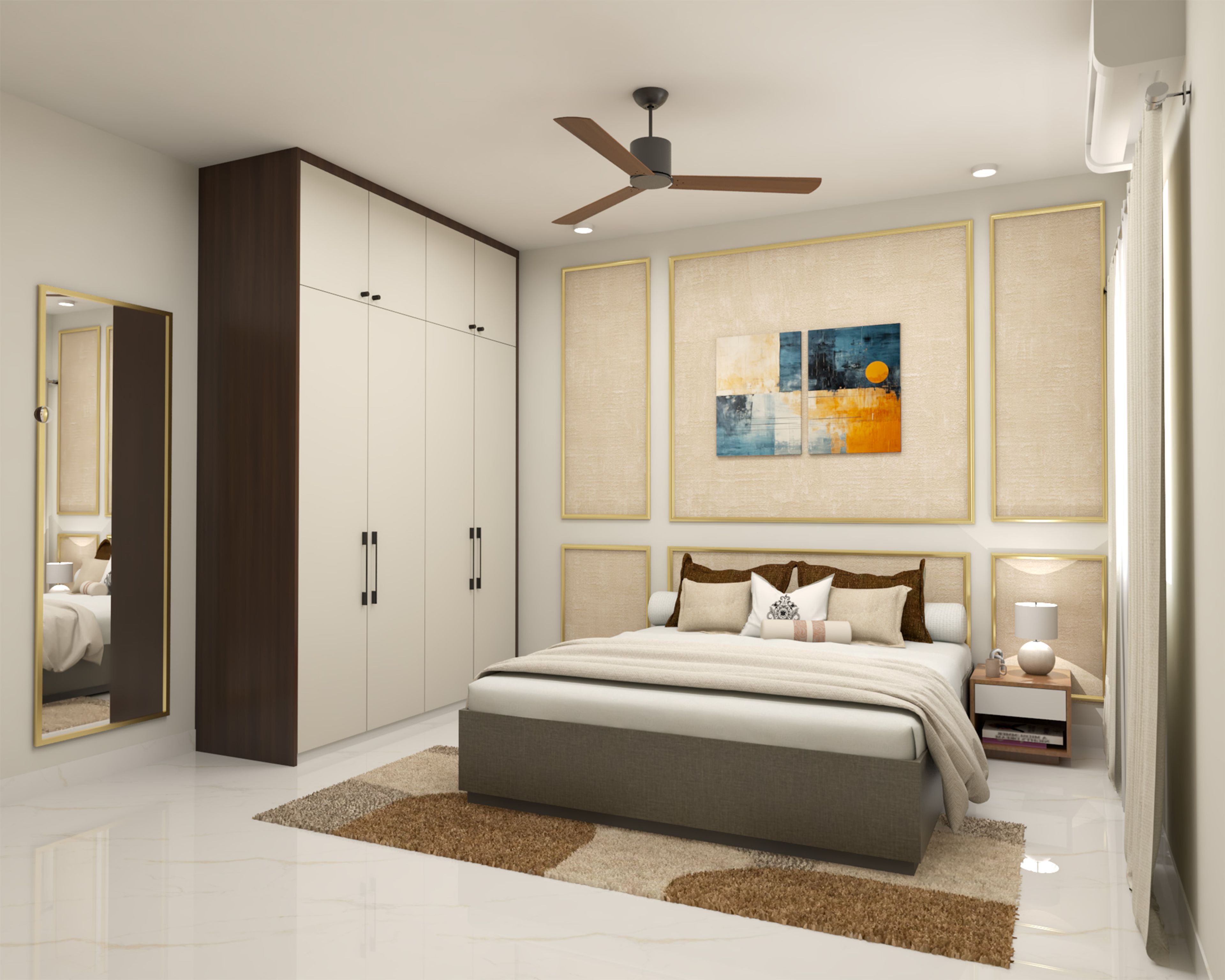 Contemporary Guest Bedroom Design with Full-Height Wardrobe and Mirror