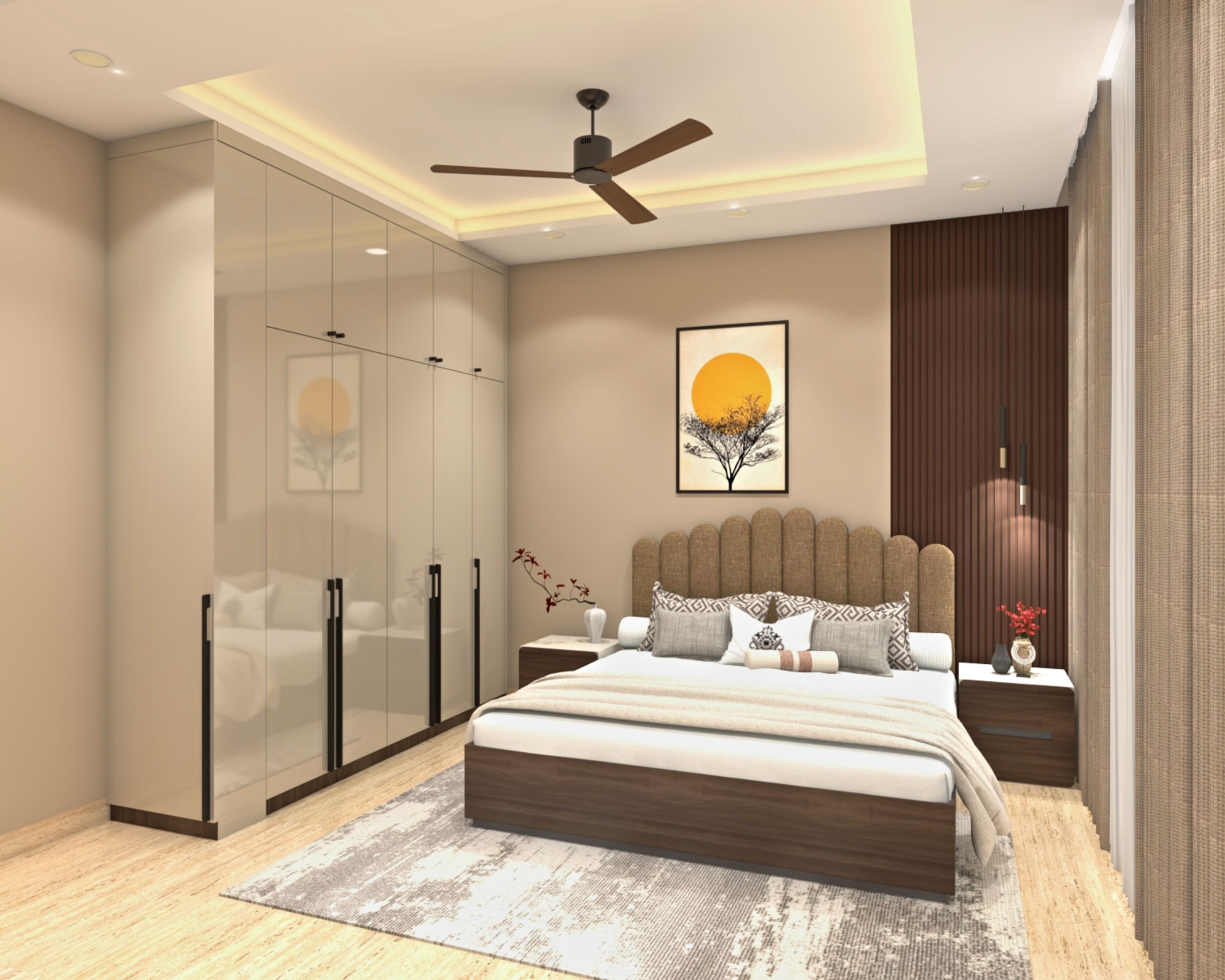 Contemporary Guest Bedroom Design with Glossy Wardrobe and Upholstered Bed