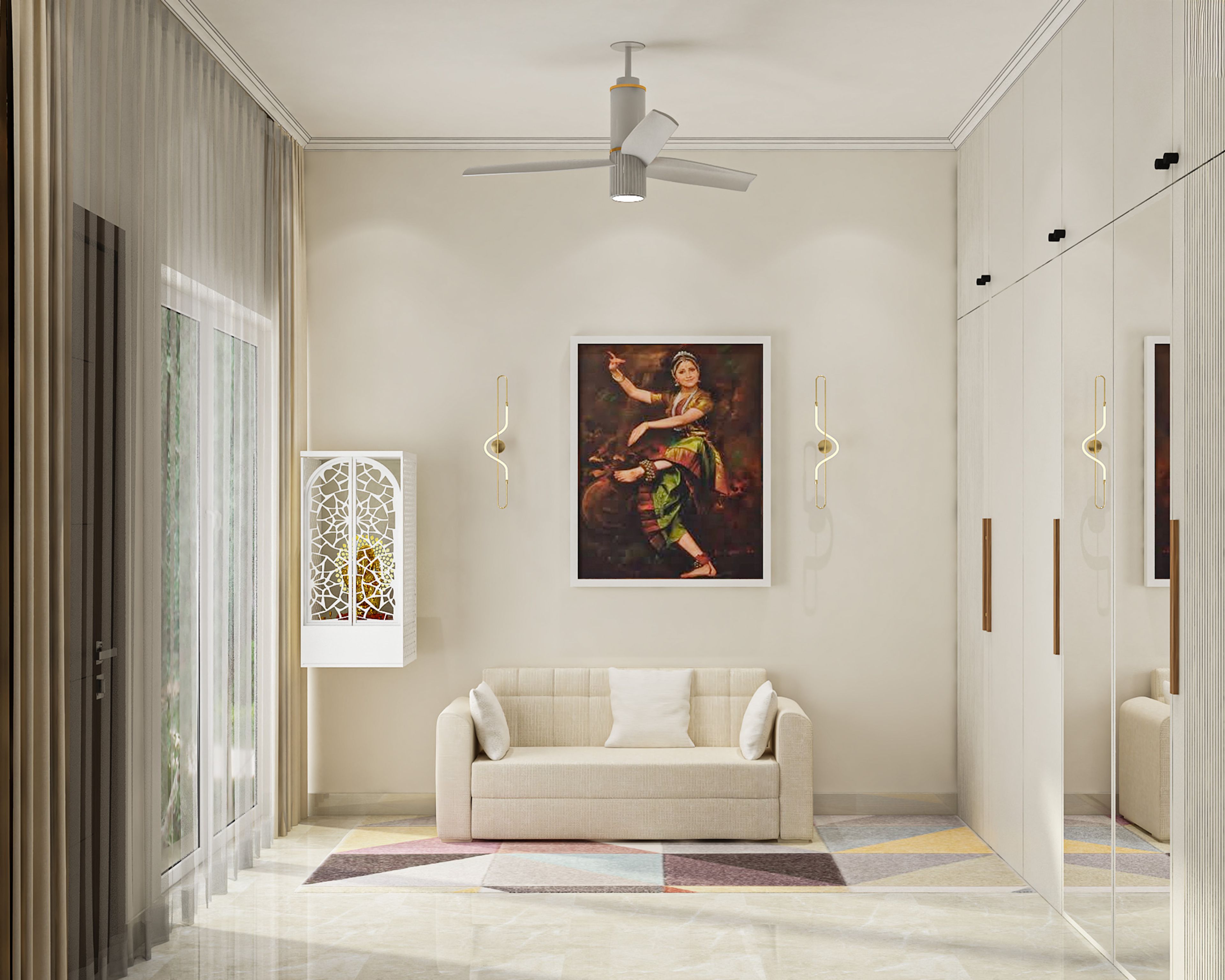 Modern Guest Bedroom Design with Wardrobe Storage and Seating Area