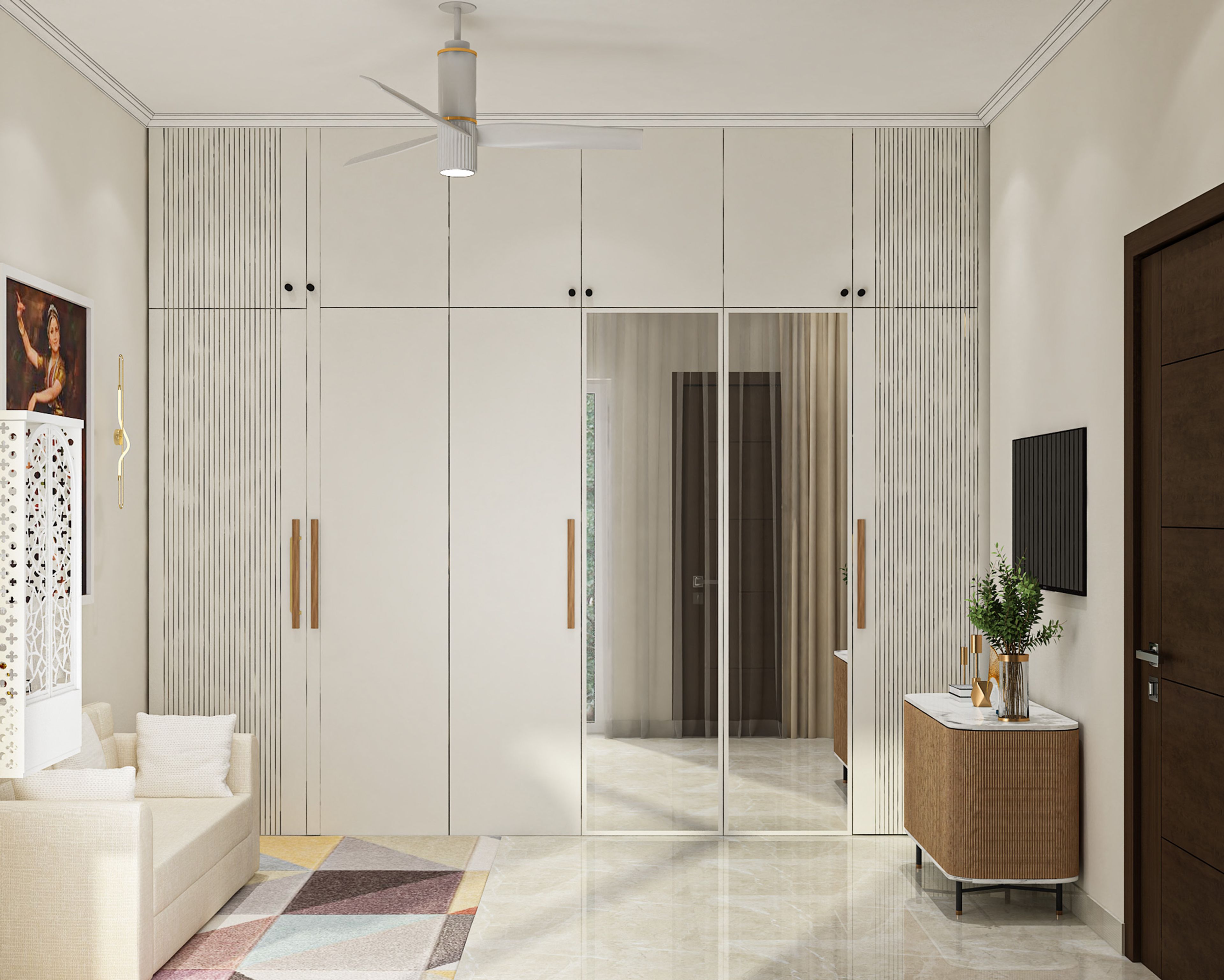 Modern Guest Bedroom Design with Wardrobe Storage and Seating Area