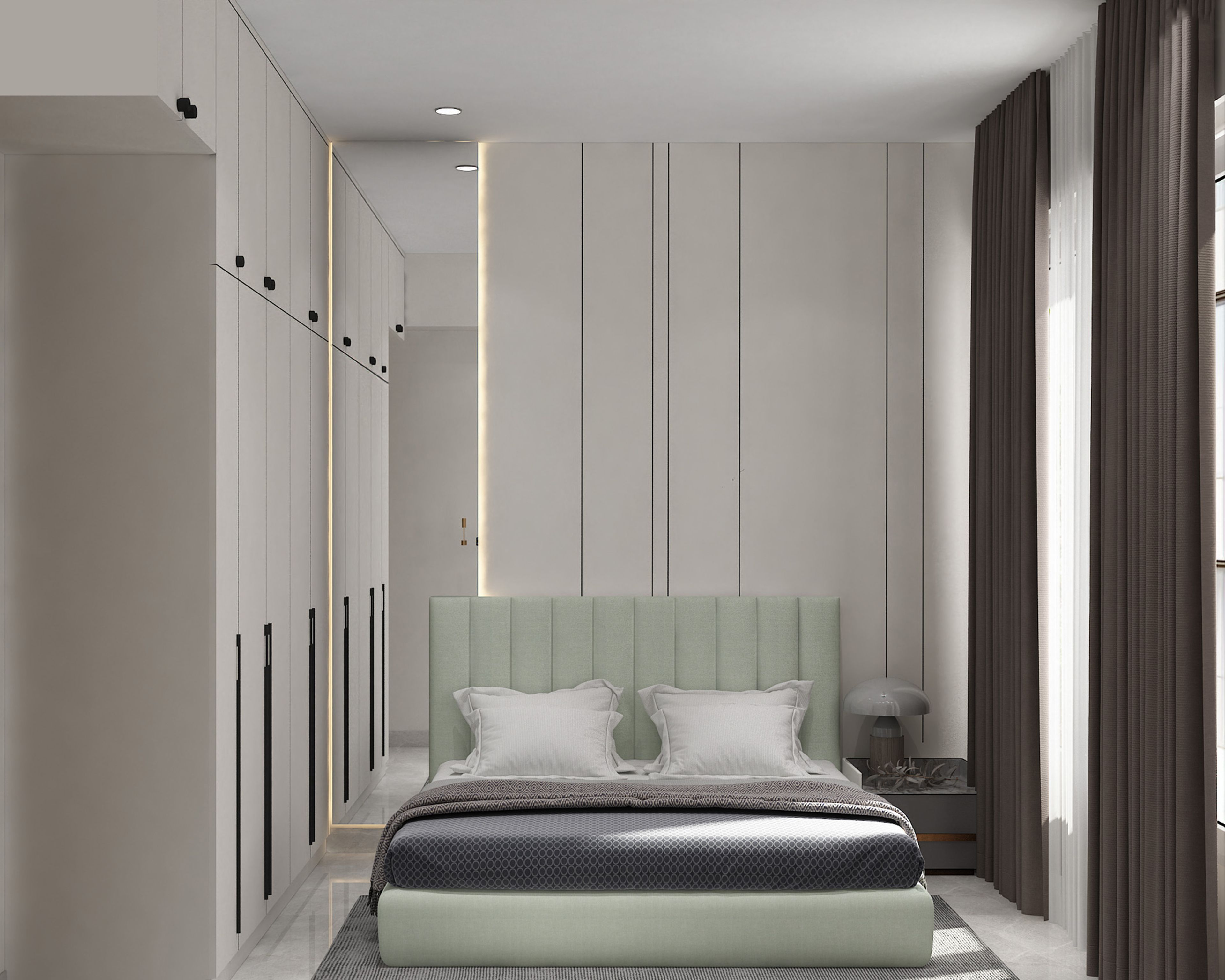 Minimal Guest Bedroom Design with Sage Green Bed and Wardrobe Storage