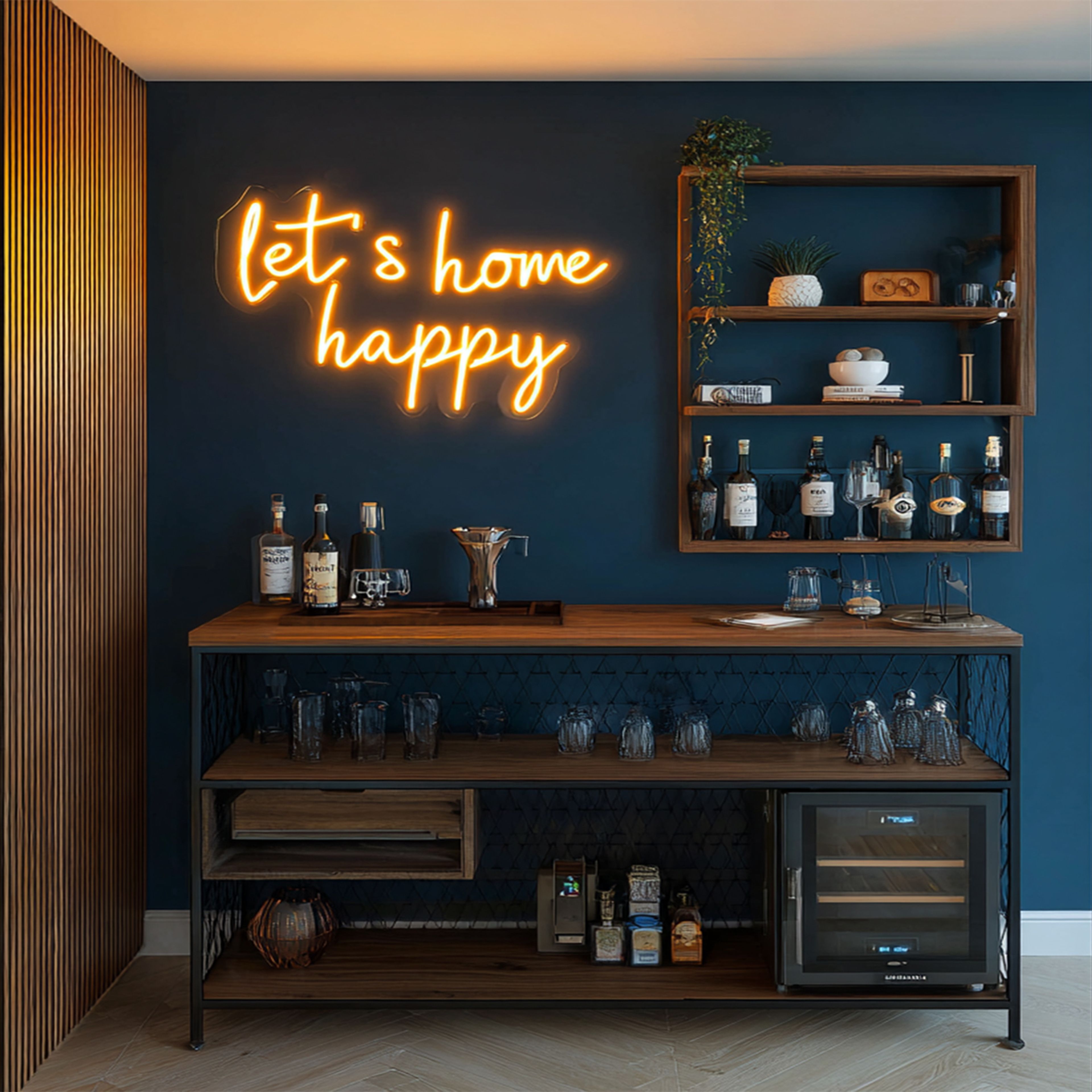 Industrial Compact Home Bar Design with Open Bottle Shelves