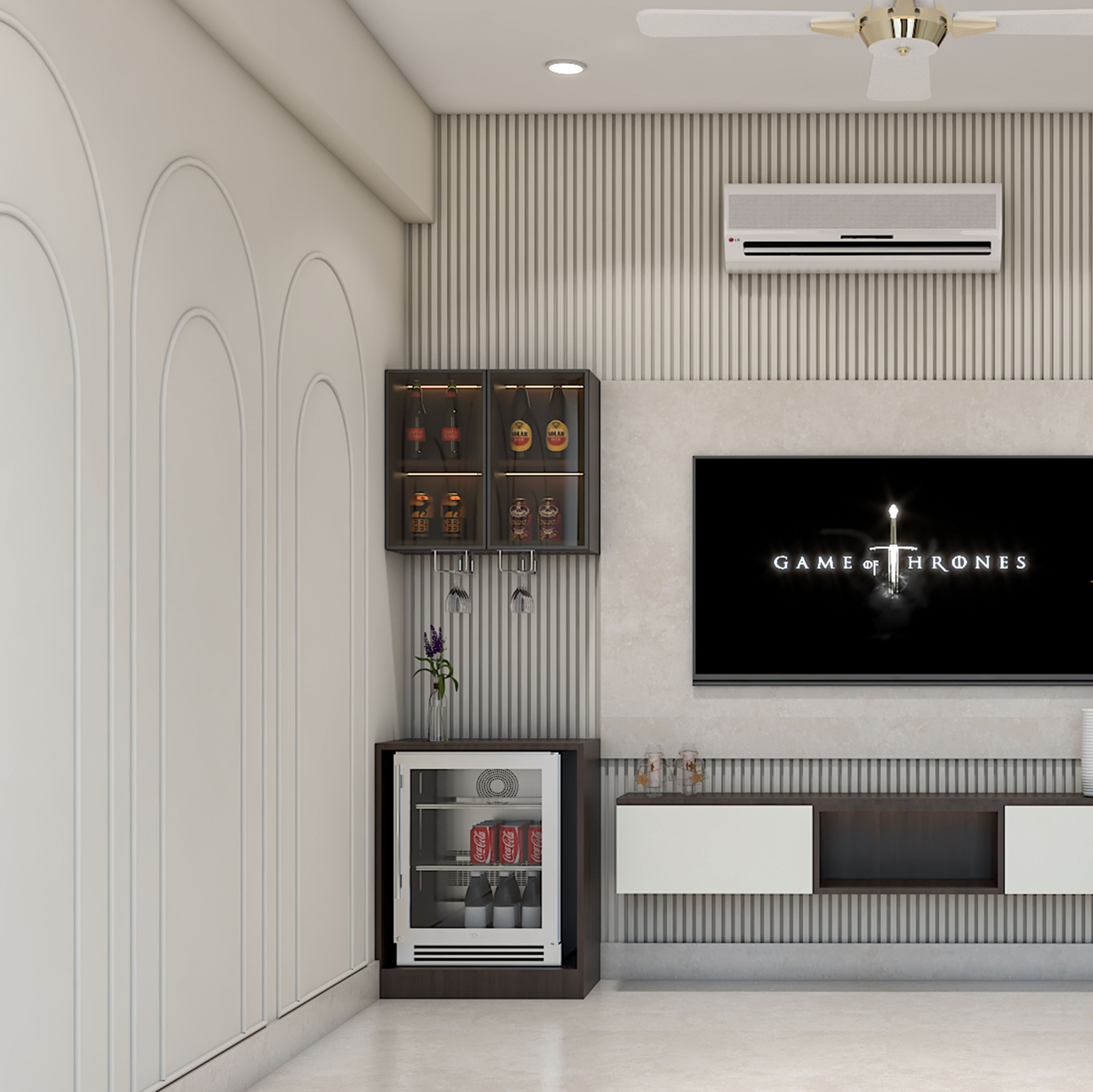 Contemporary Home Bar Design with Open Shelves and Fridge